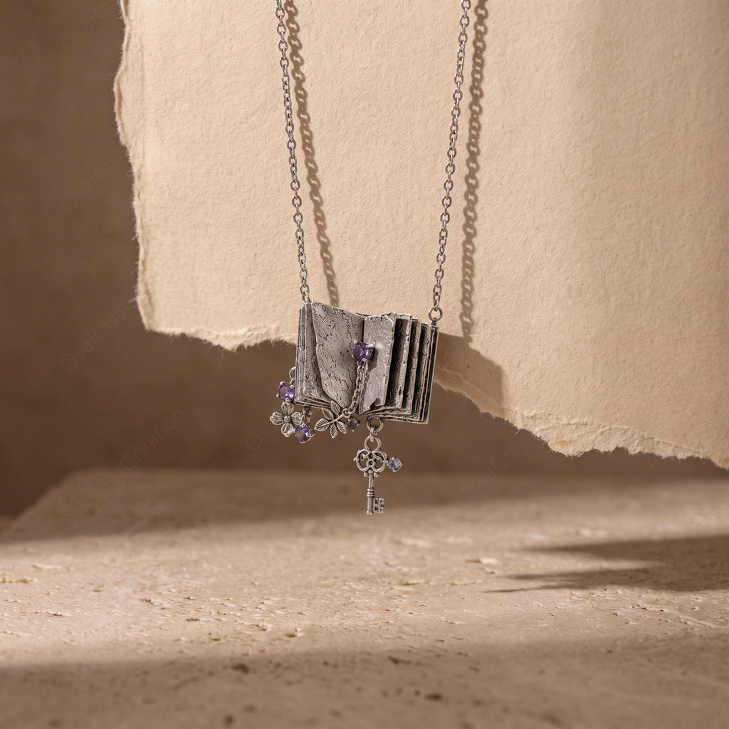 Vintage Book Necklace, Purple Gemstone Floral Key Pendant, Dark Academia Jewelry