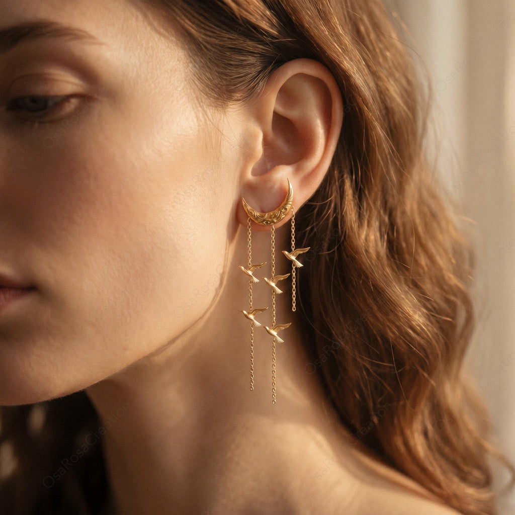 Crescent Moon Bird Dangle Earrings • 18k Gold Plated, Sterling Silver Posts