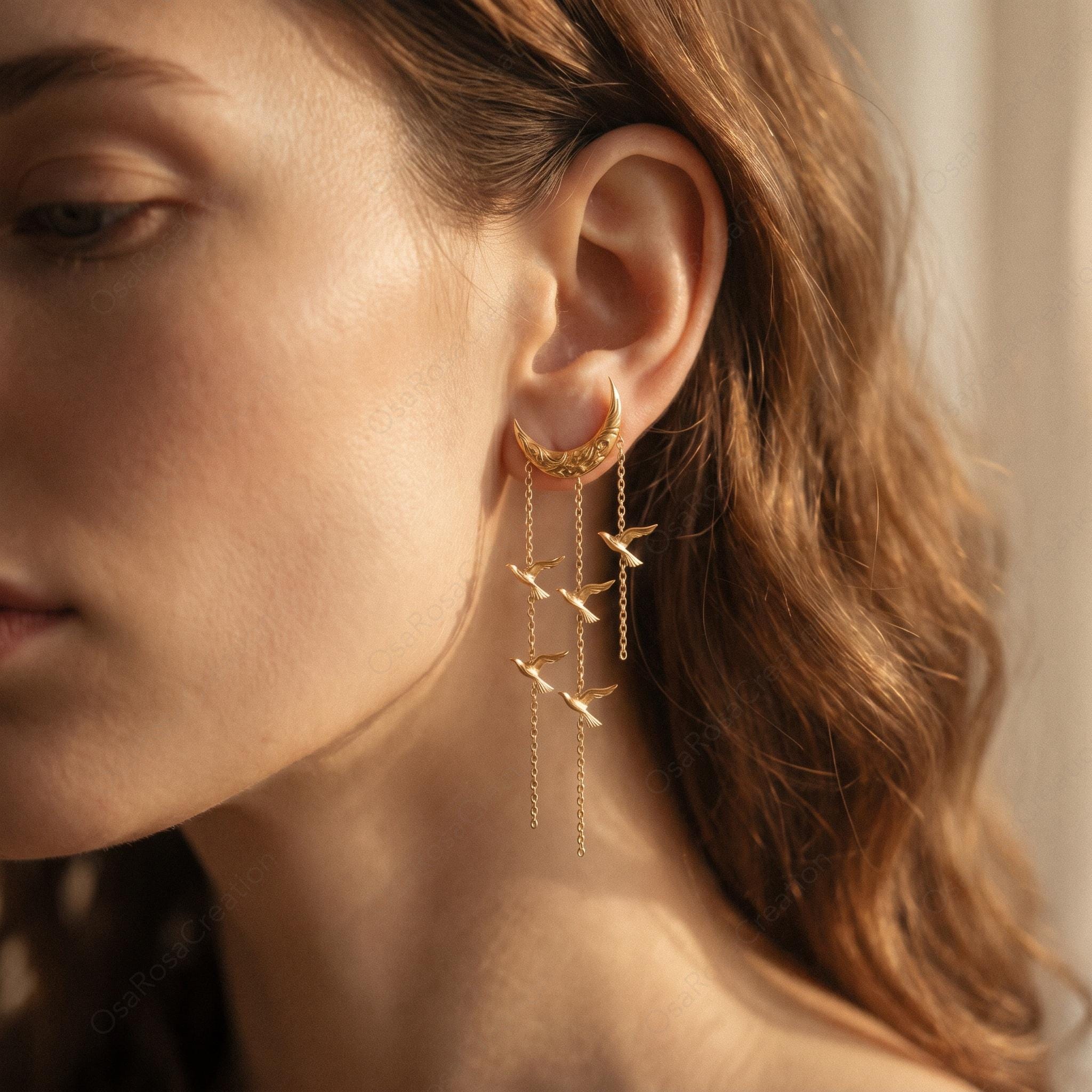 Crescent Moon Bird Dangle Earrings • 18k Gold Plated, Sterling Silver Posts