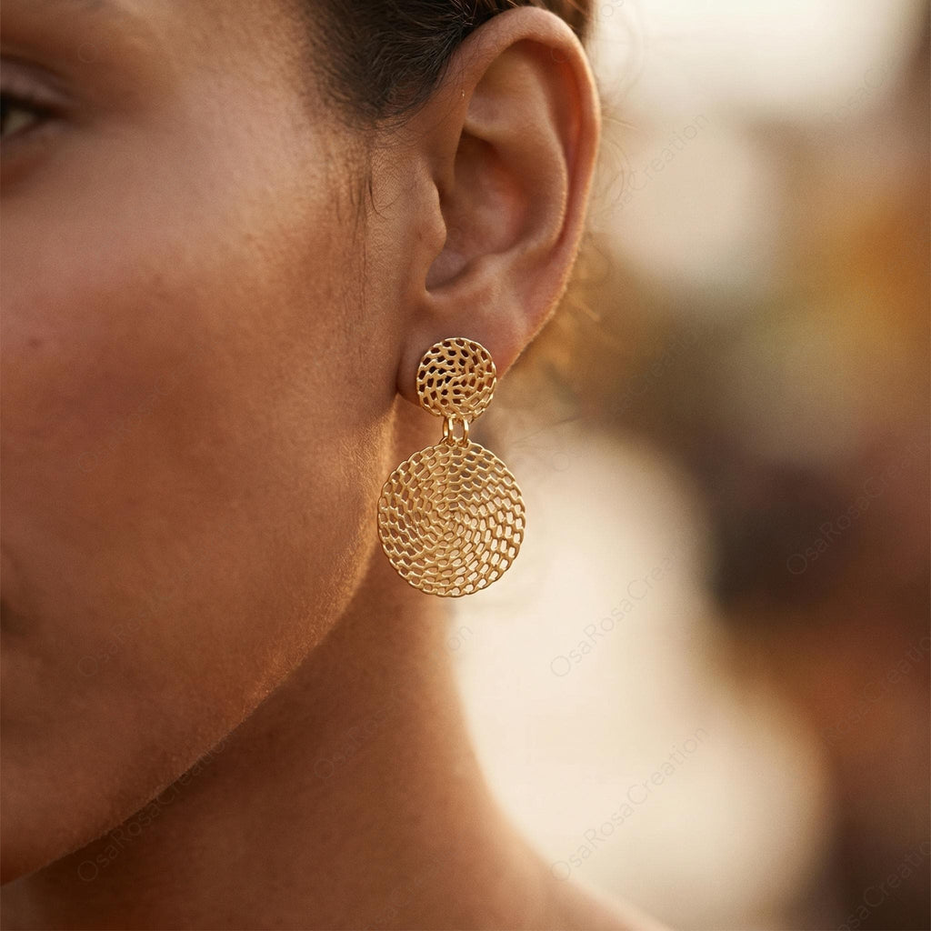 Gold Woven Disc Earrings | Geometric Drop Earrings | Filigree Circle Dangle Earrings | Mediterranean Style Jewelry | Artistic Statement