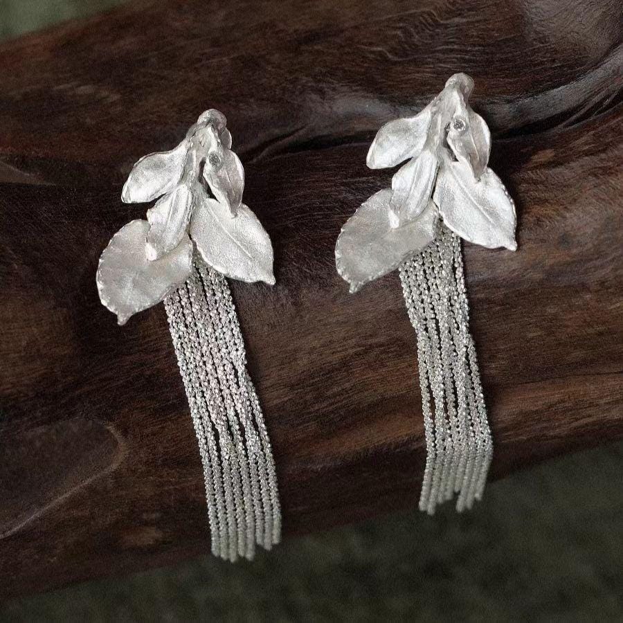 Platinum Plated Silver Leaf Tassel Earrings | Elegant Fringe Drop