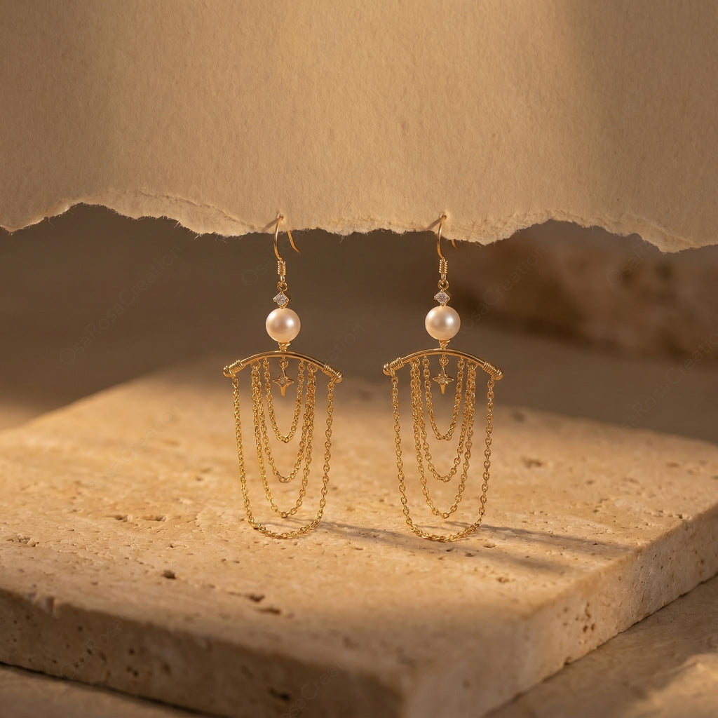 Pearl Star Dangle Earrings • 18k Gold Celestial Chain Fringe