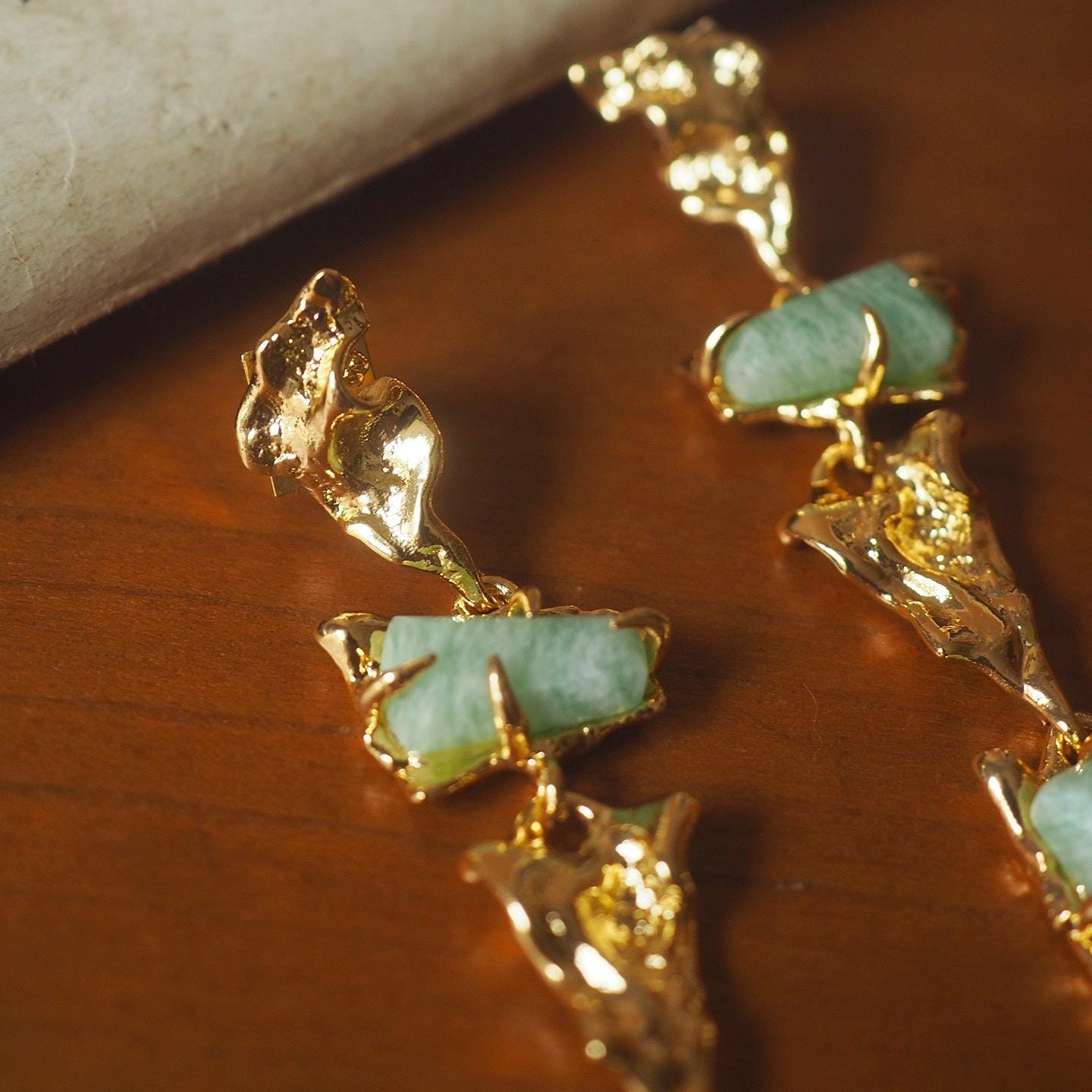 Gold Jade Dangle Earrings, Sculptural Baroque Style, Sterling Silver Post