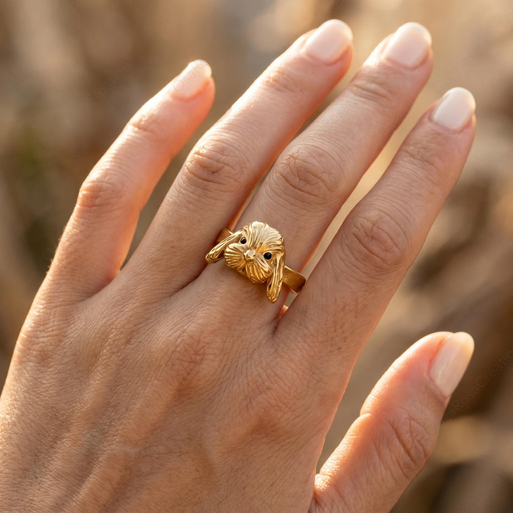 Sculptural Lop Bunny Ring, Gold Plated Brass, Vintage Style Animal Jewelry
