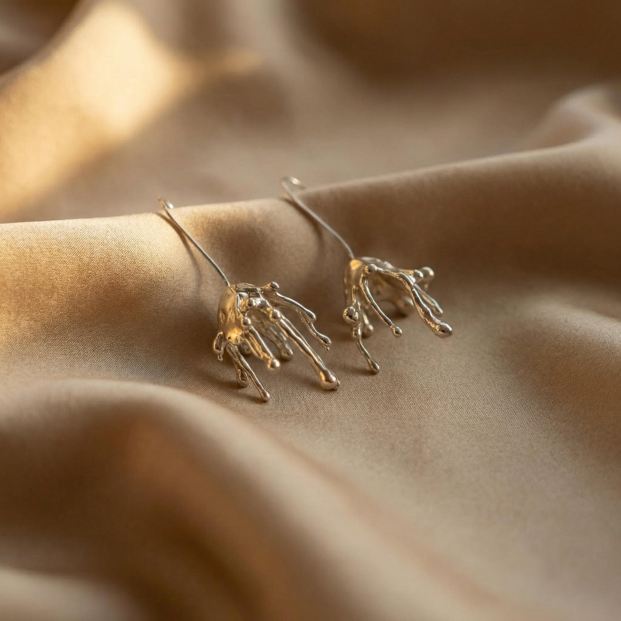 Molten Liquid Metal Dangle Earrings – Surrealist Sterling Silver Drop Jewelry
