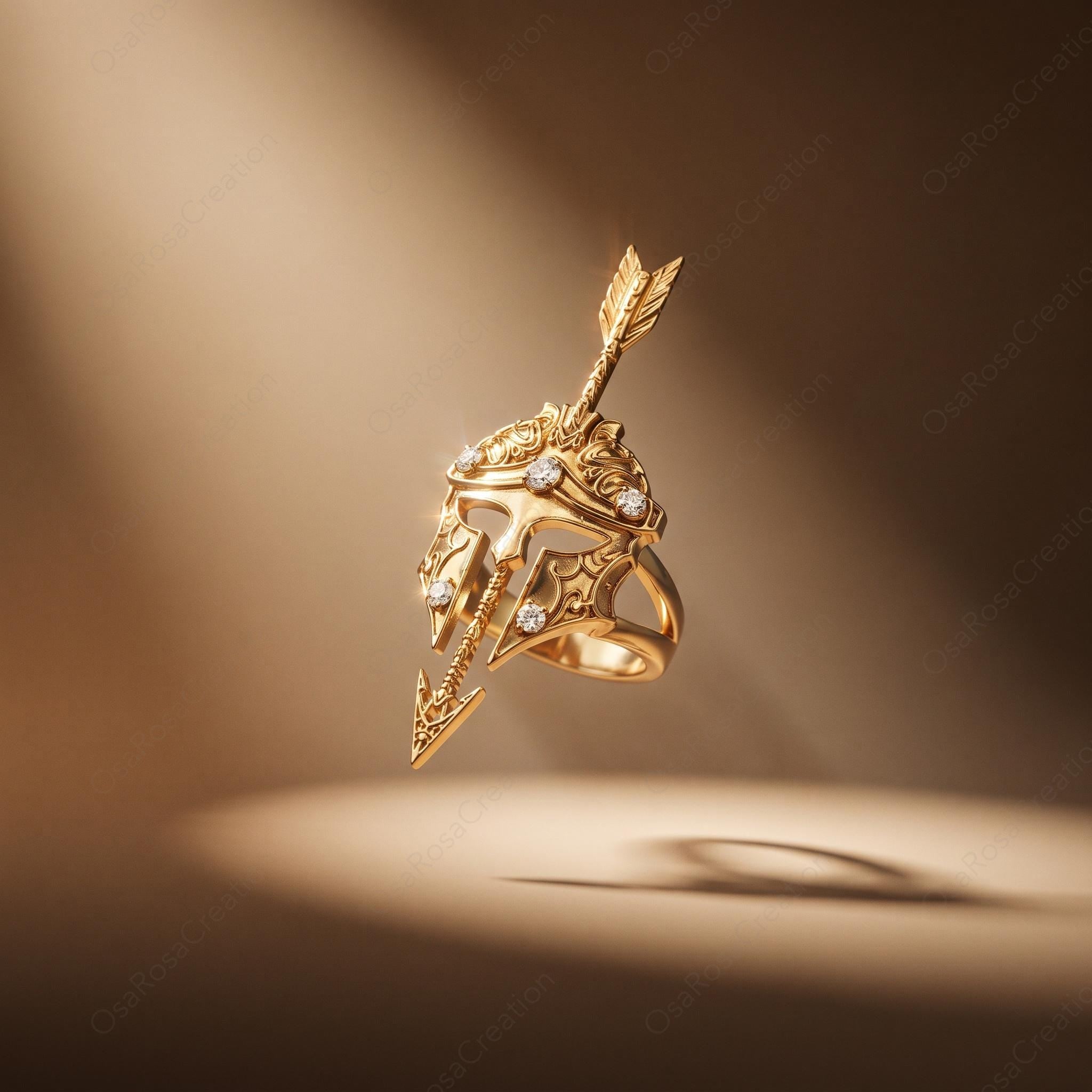 Spartan Helmet Gold Ring, Arrow Pierced Armor Jewelry, Classical Warrior Statement Ring, Sculptural Ancient Greek Inspired Ring