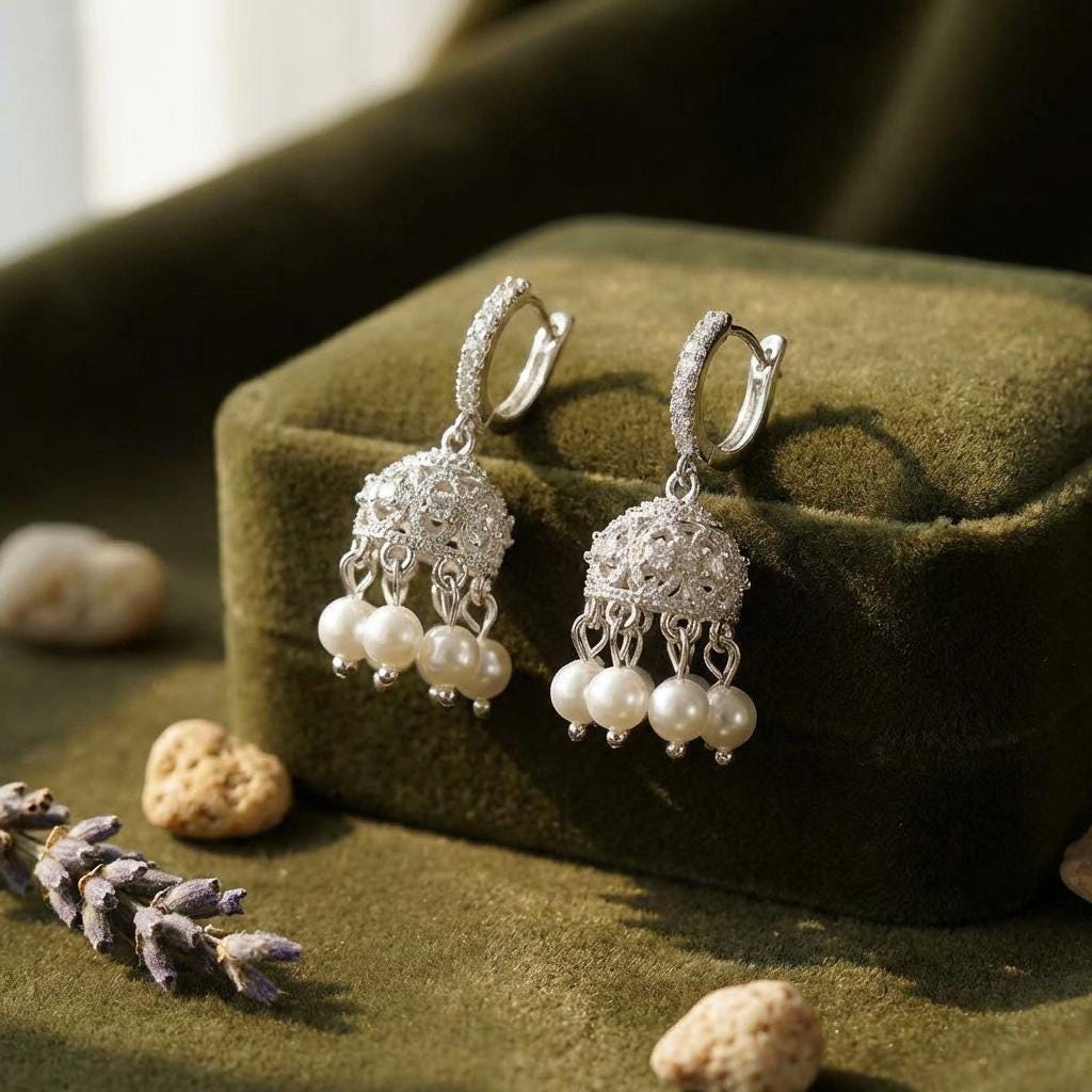 Crystal Pearl Tassel Earrings • Silver Bridal Chandelier Huggie Hoops