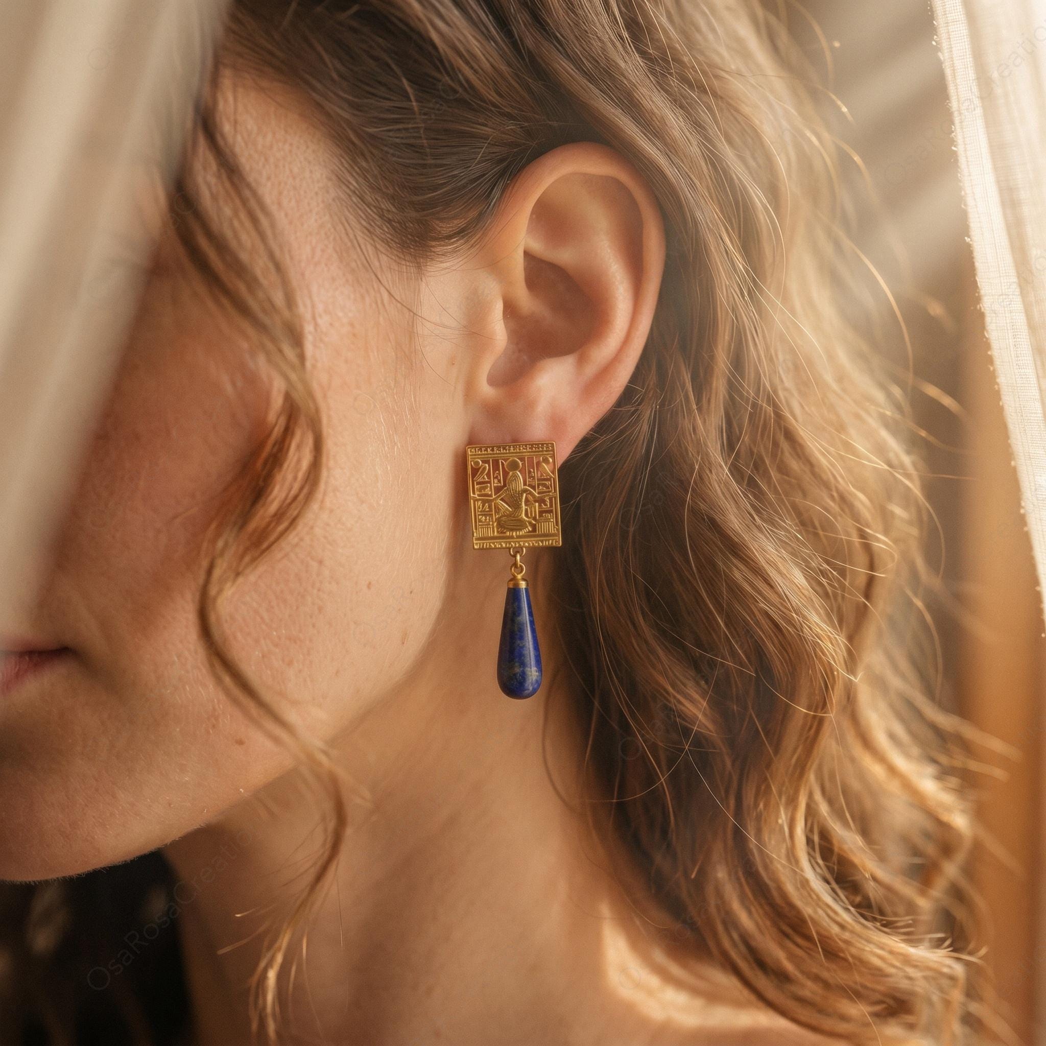 Ancient Egyptian Earrings with Lapis Lazuli Drop | Egyptian Goddess Jewelry