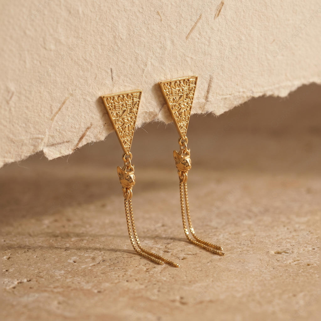 Egyptian Cat Goddess Earrings – Bastet Jewelry Gold Dangle Drop Earrings Ancient Egypt Style