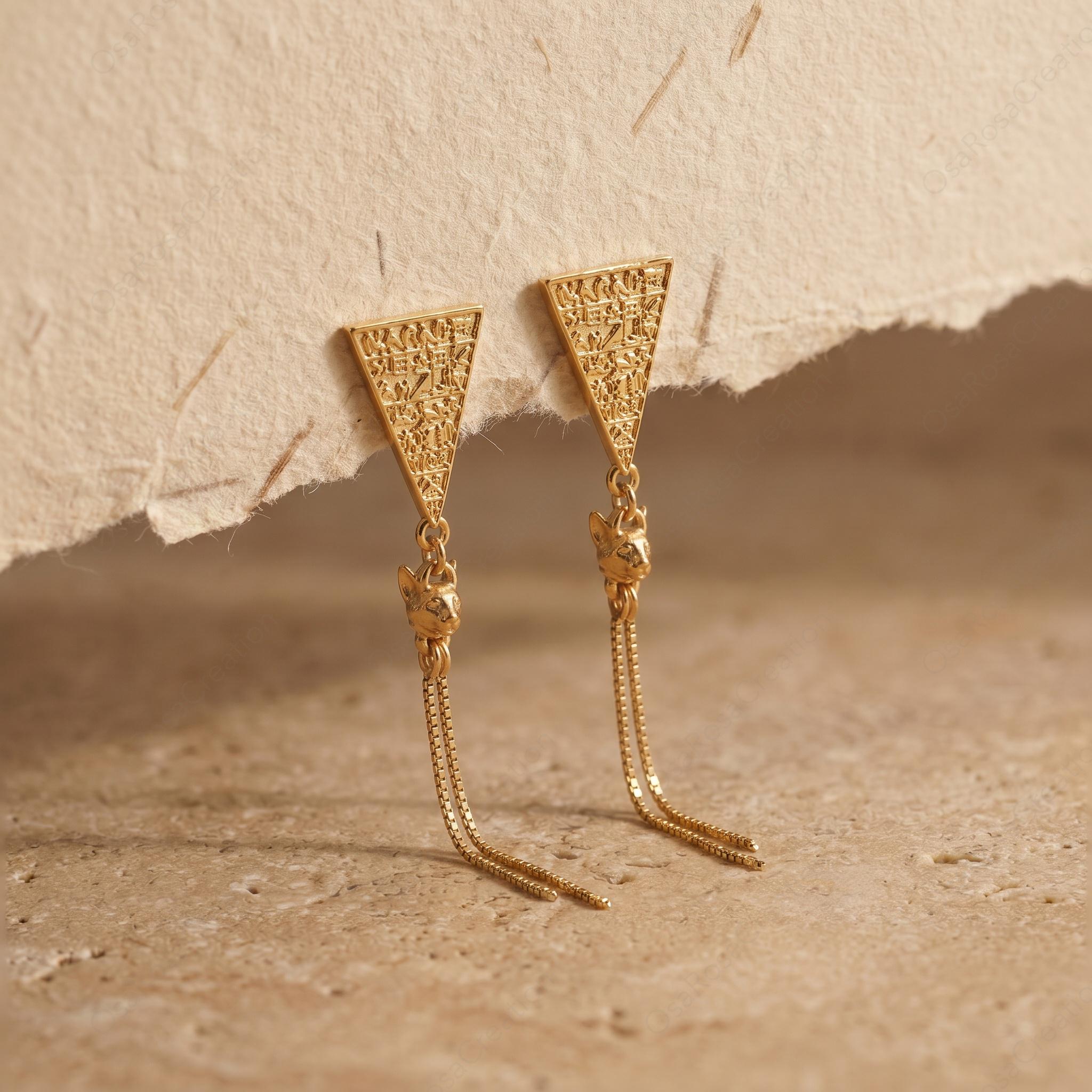 Egyptian Cat Goddess Earrings – Bastet Jewelry Gold Dangle Drop Earrings Ancient Egypt Style