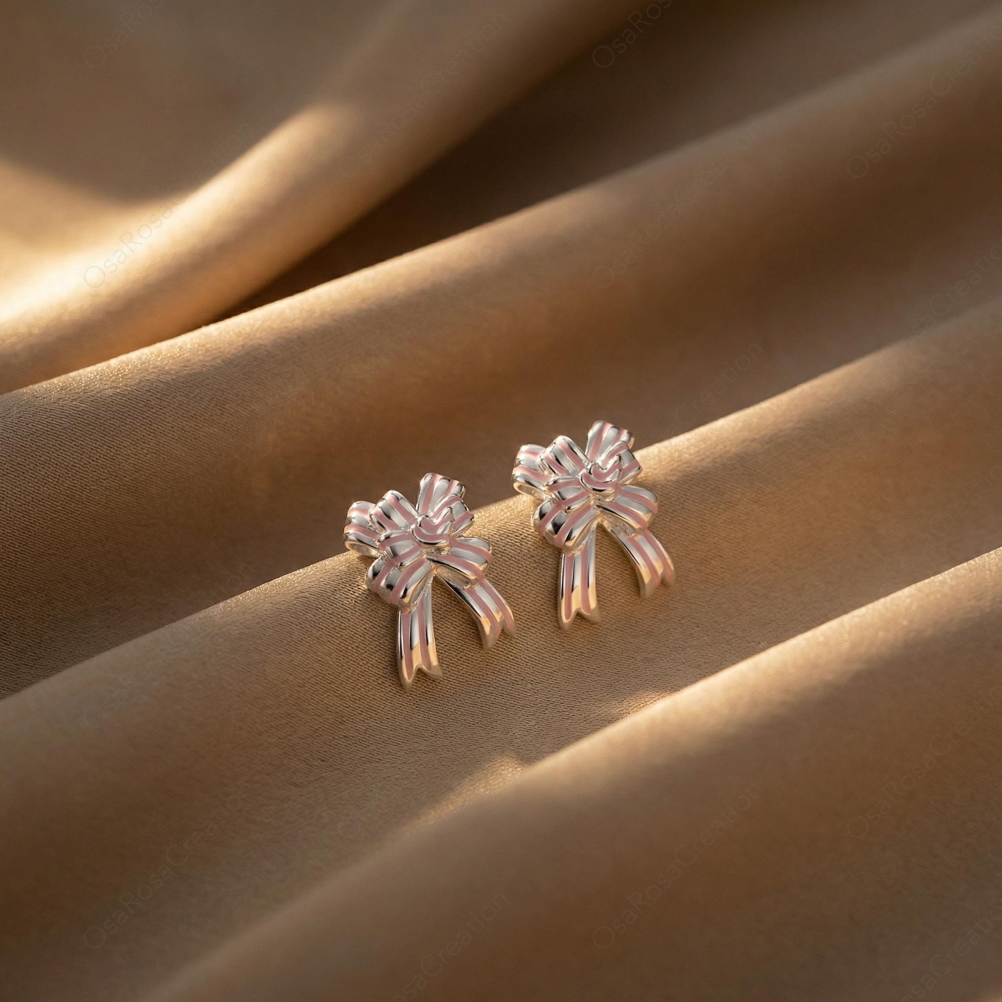 Silver Ribbon Bow Earrings, Romantic Balletcore Studs, Bridal Jewelry