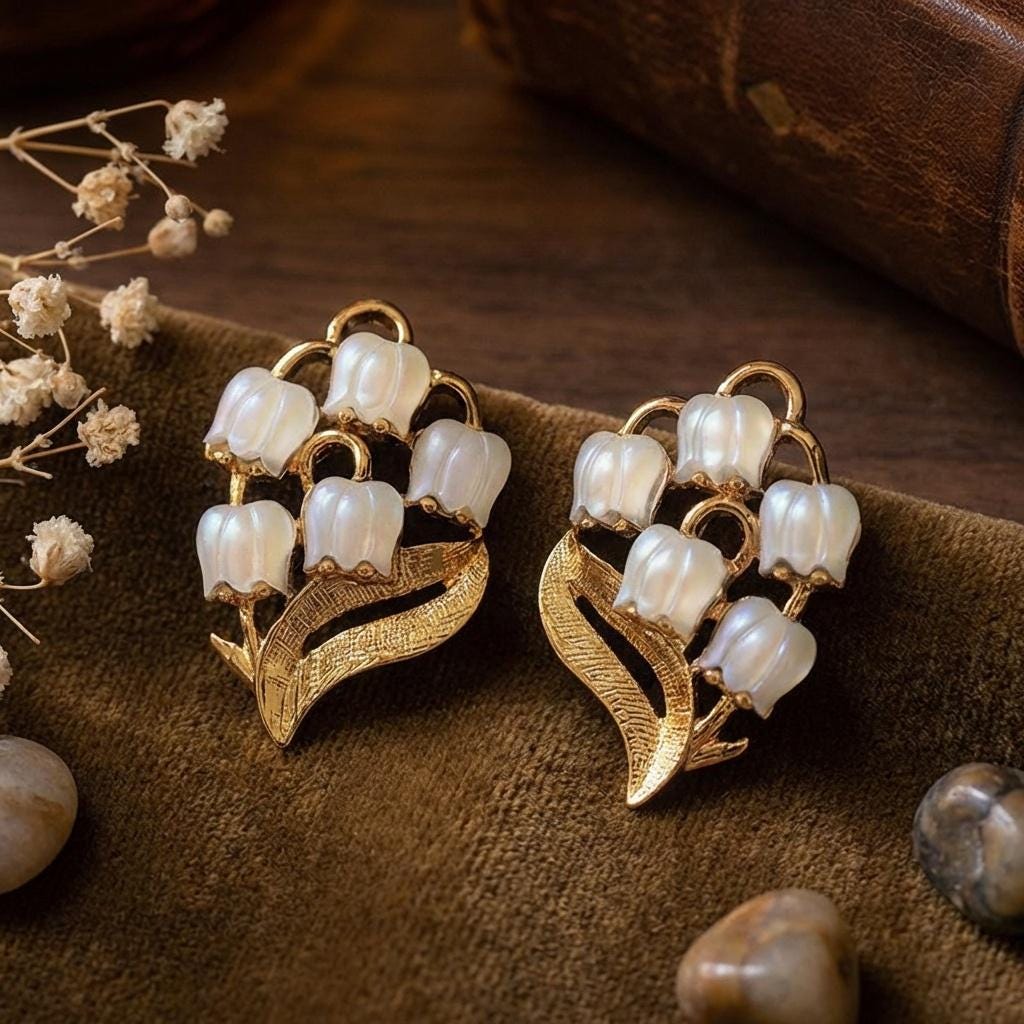 Lily of the Valley Earrings • Pearl Muguet Flower Studs • Vintage Botanical Jewelry