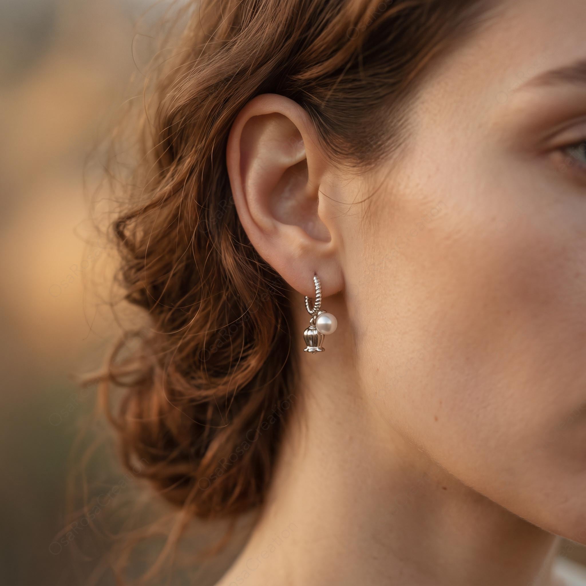 Silver Tulip Pearl Drop Earrings, Twisted Hoop Floral Earrings, Botanical Dangle Earrings