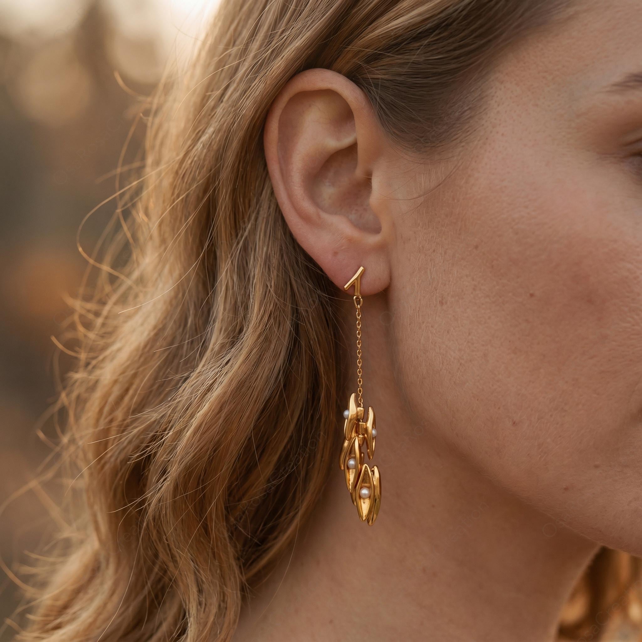 Sculptural Gold Pearl Drop Earrings, Nature Inspired Botanical Jewelry