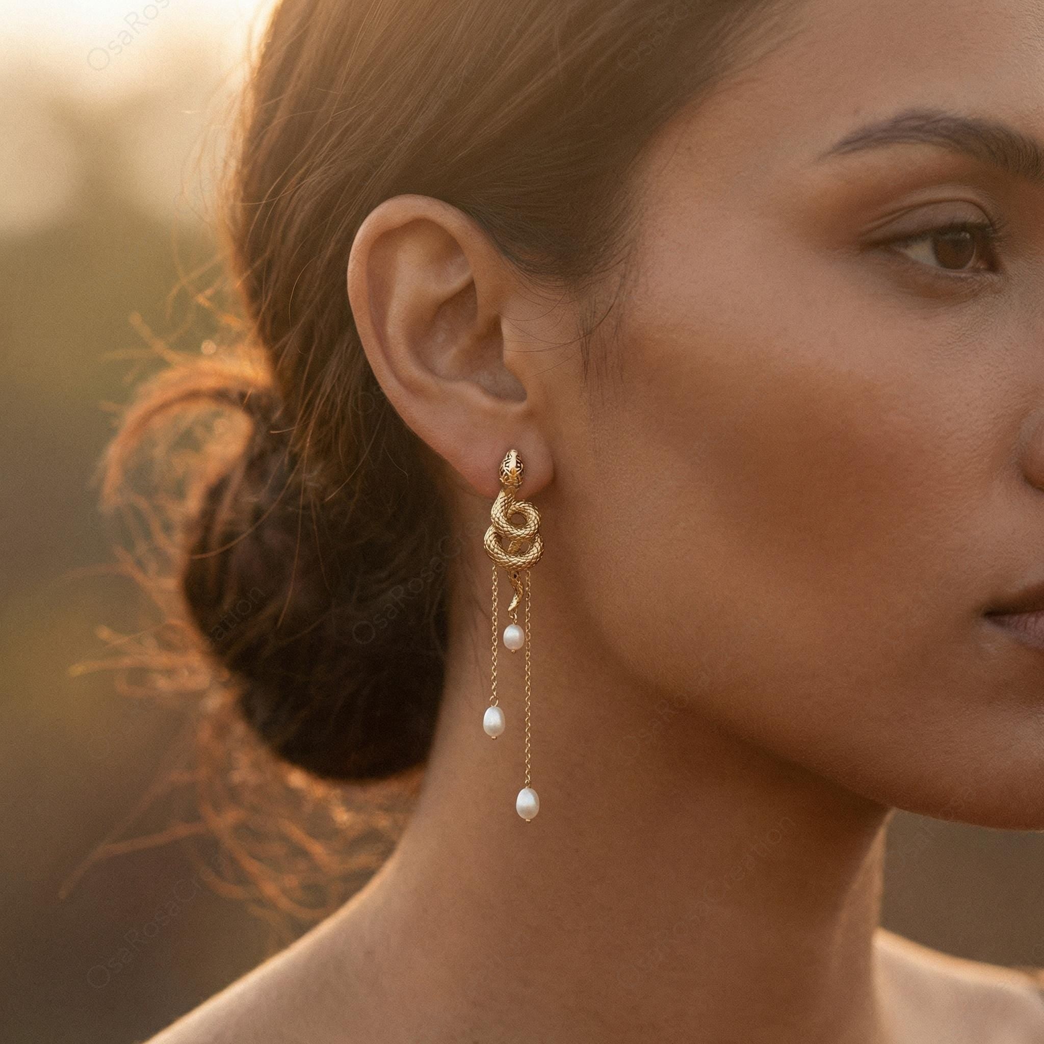 Gold Serpent Drop Earrings with Pearl Tassels, Artistic Statement Jewelry