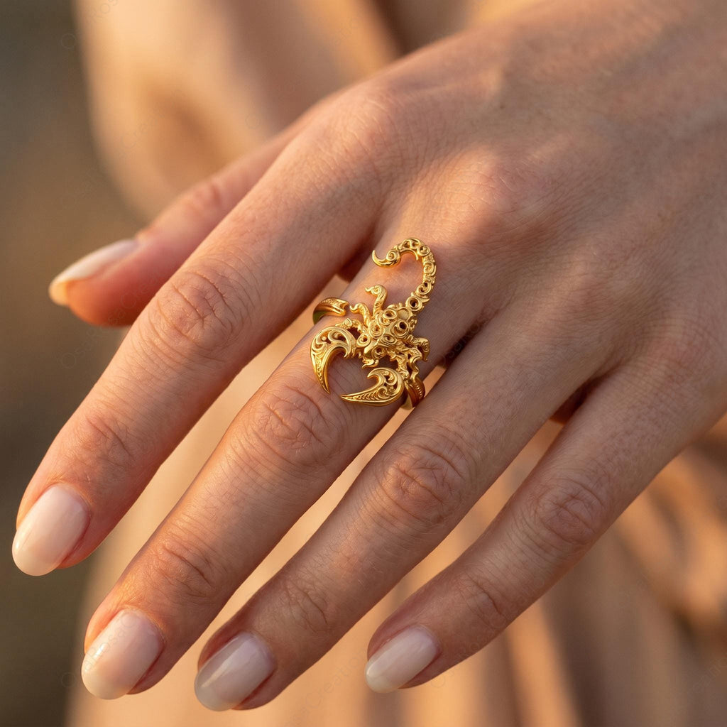 Gold Scorpion Ring, Baroque Engraved Animal Statement Jewelry, Adjustable Talisman Band