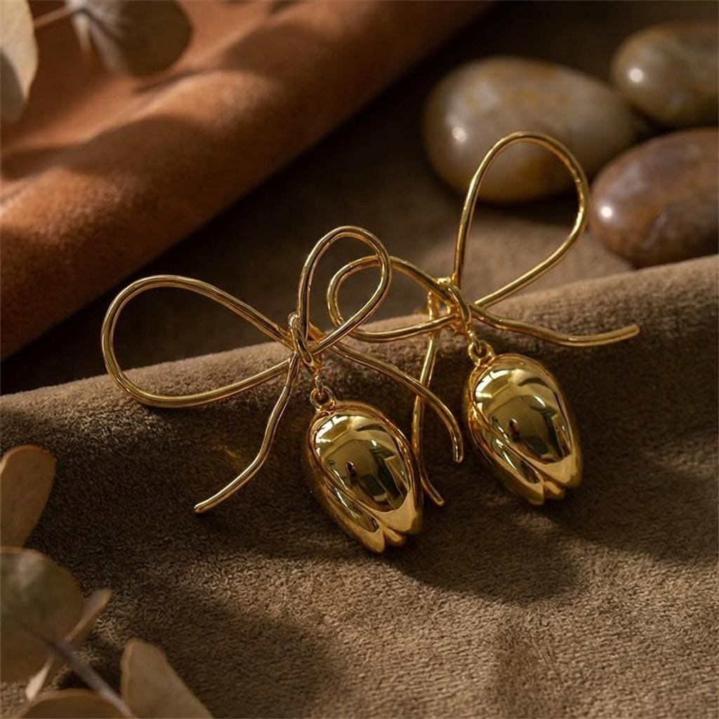 Gold Tulip Ribbon Bow Earrings • Balletcore Dangle Jewelry