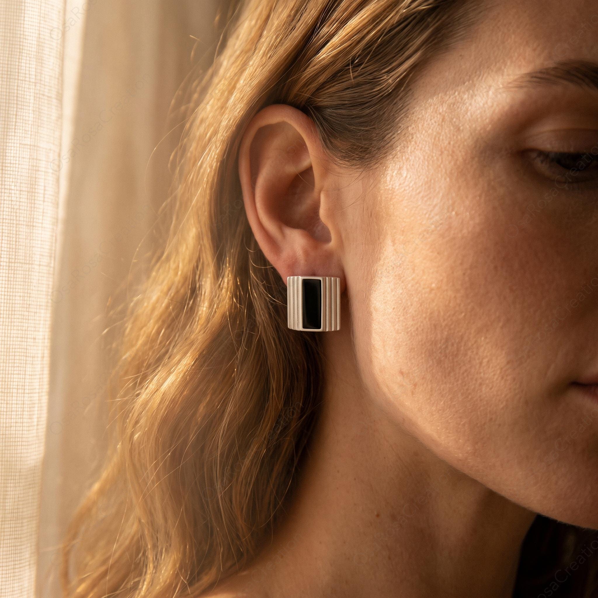 Art Deco Silver Rectangular Stud Earrings, Geometric Black White Architecture Jewelry