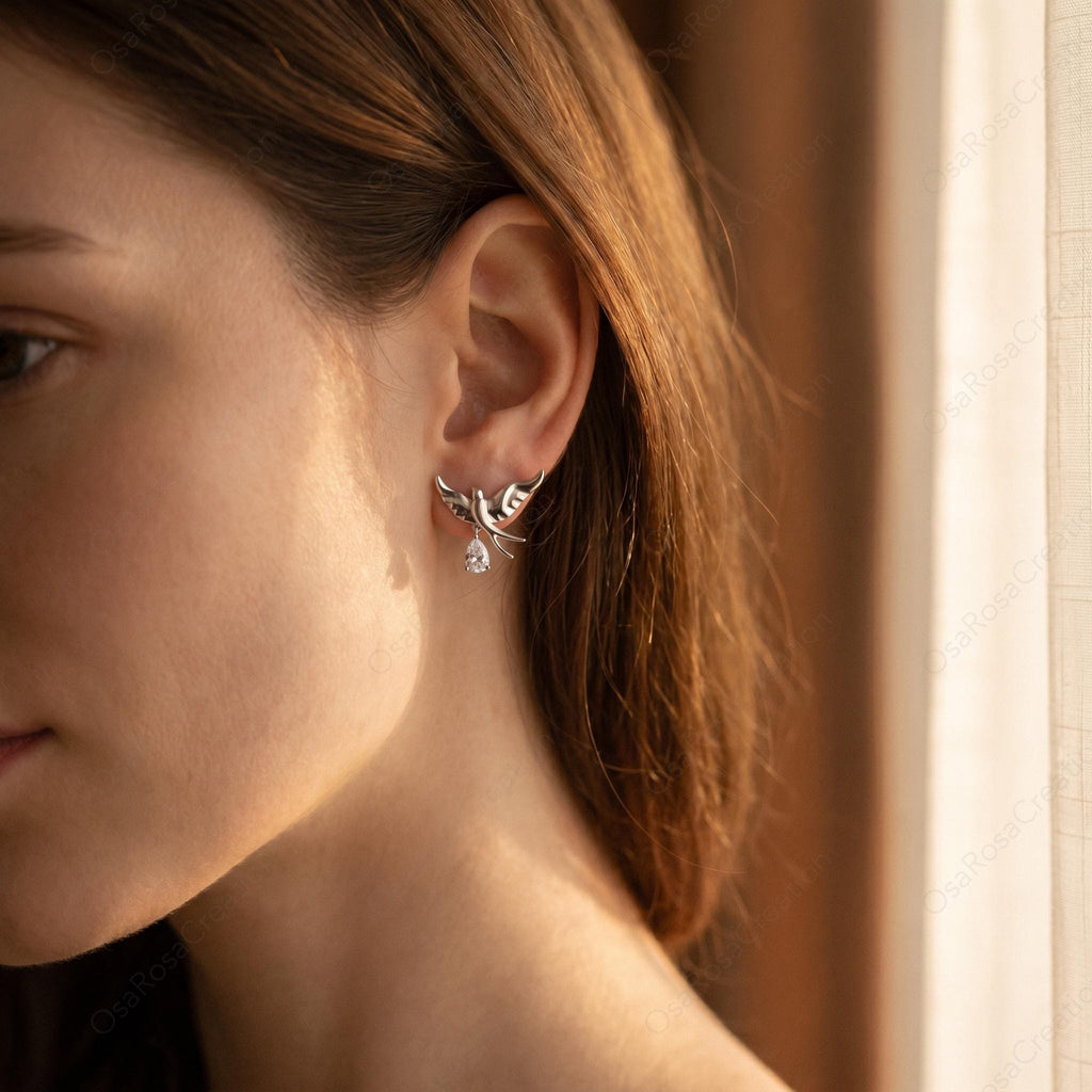 Asymmetrical Sterling Silver Swallow Earrings, Dangle Crystal Nature Jewelry