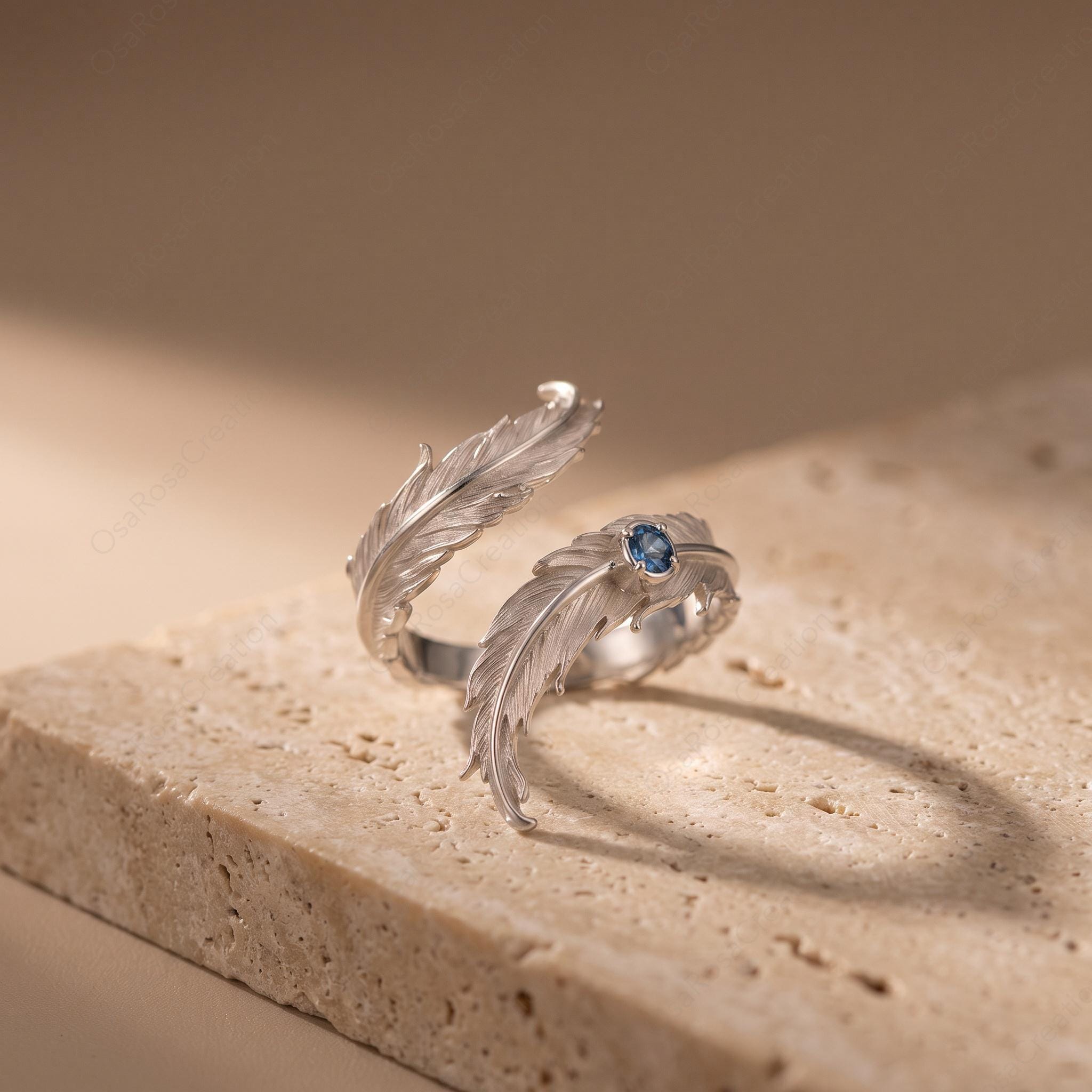 Silver Feather Wrap Ring, Blue Stone Adjustable Ring, Nature Inspired Jewelry, Quiet Luxury Silver Ring, Artistic Bohemian Ring