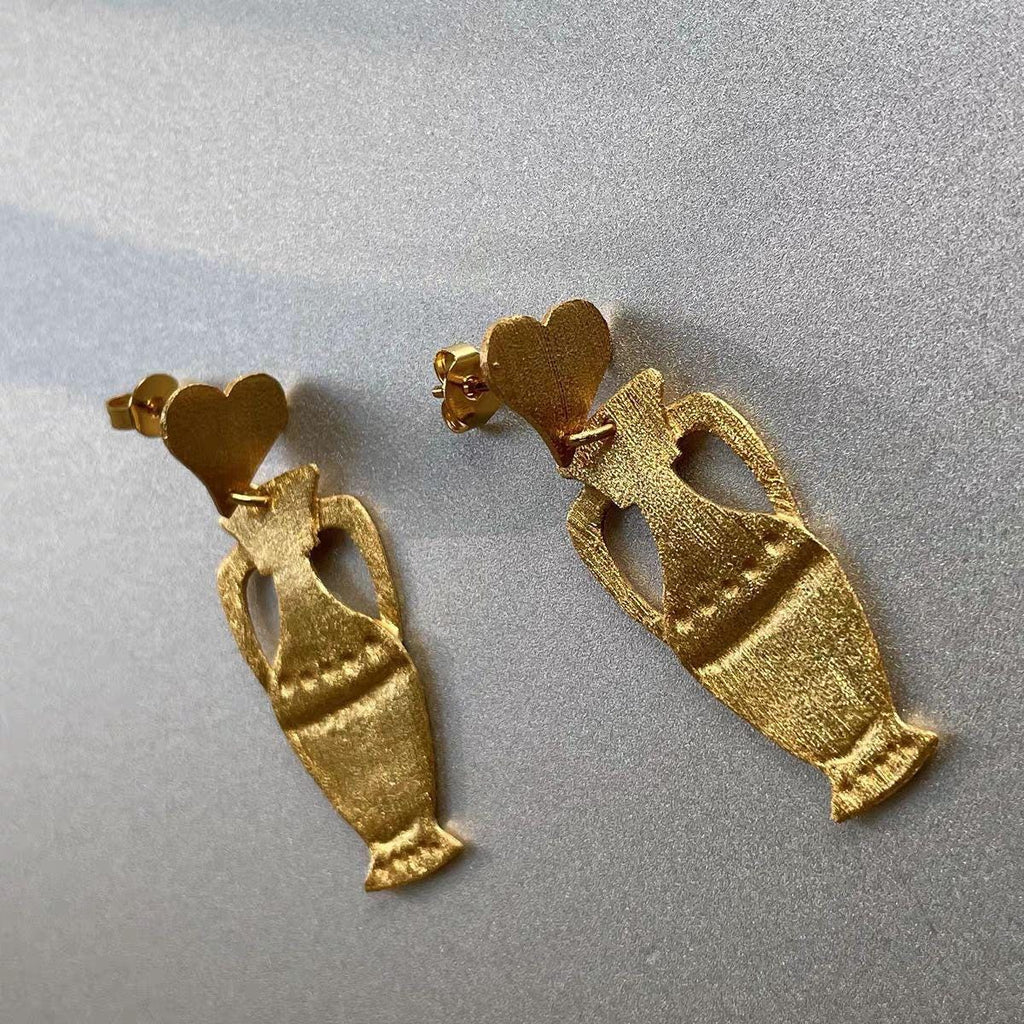 Gold Amphora Drop Earrings, Ancient Greek Vase Earrings, Aphrodite Inspired Jewelry, Heart Stud Gold Dangle Earrings, Mythology Gift for Her