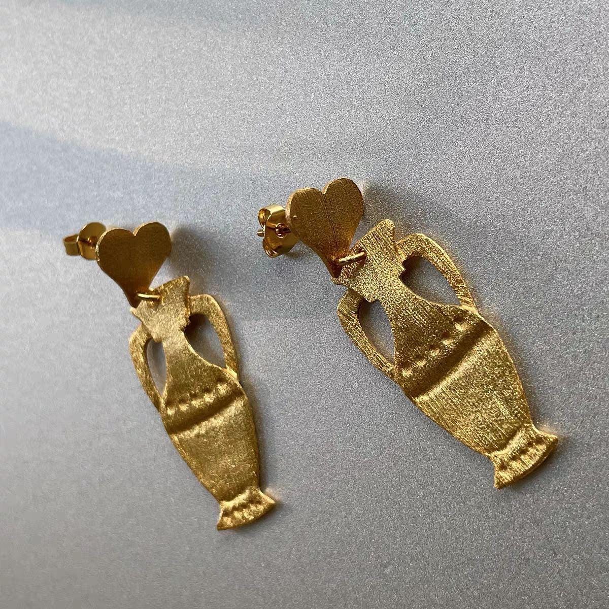 Gold Amphora Drop Earrings, Ancient Greek Vase Earrings, Aphrodite Inspired Jewelry, Heart Stud Gold Dangle Earrings, Mythology Gift for Her