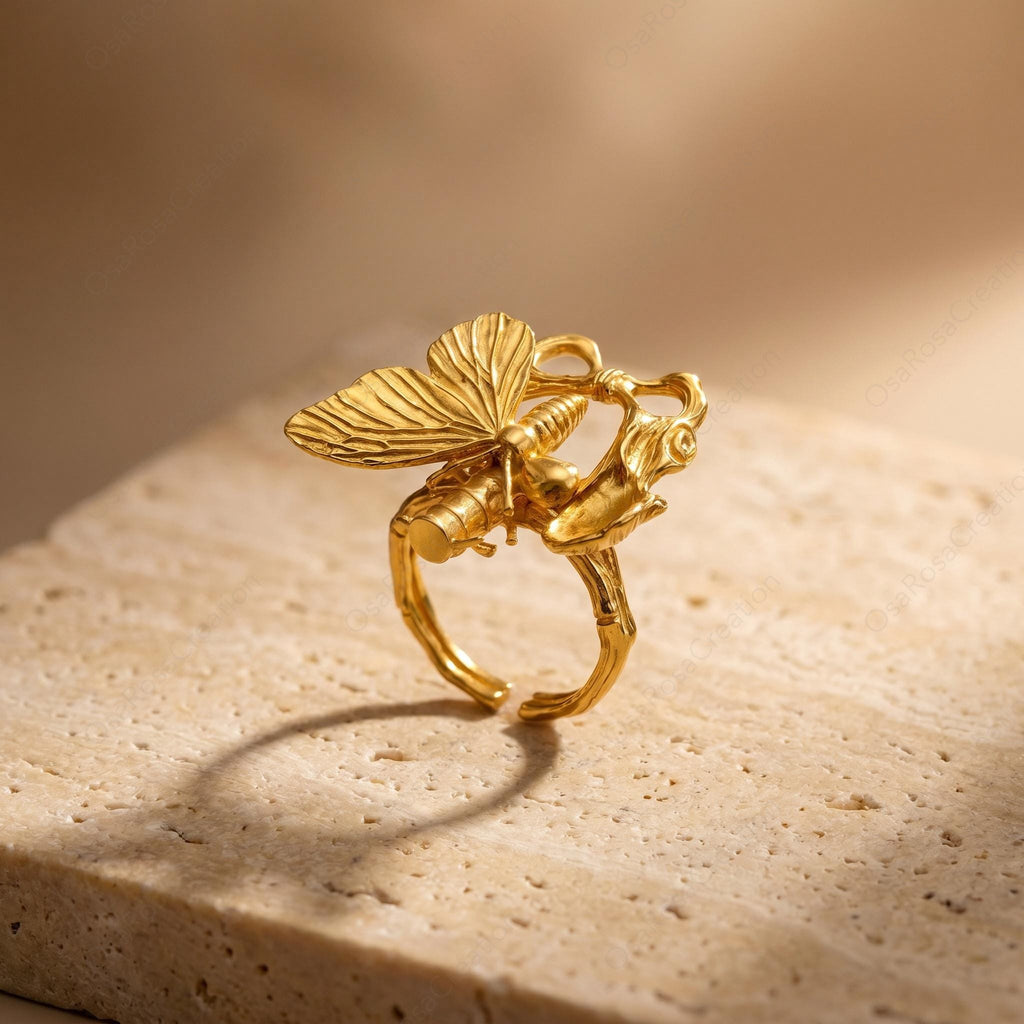 Gold Butterfly Ring, Art Nouveau Insect Jewelry, Botanical Filigree Statement Ring