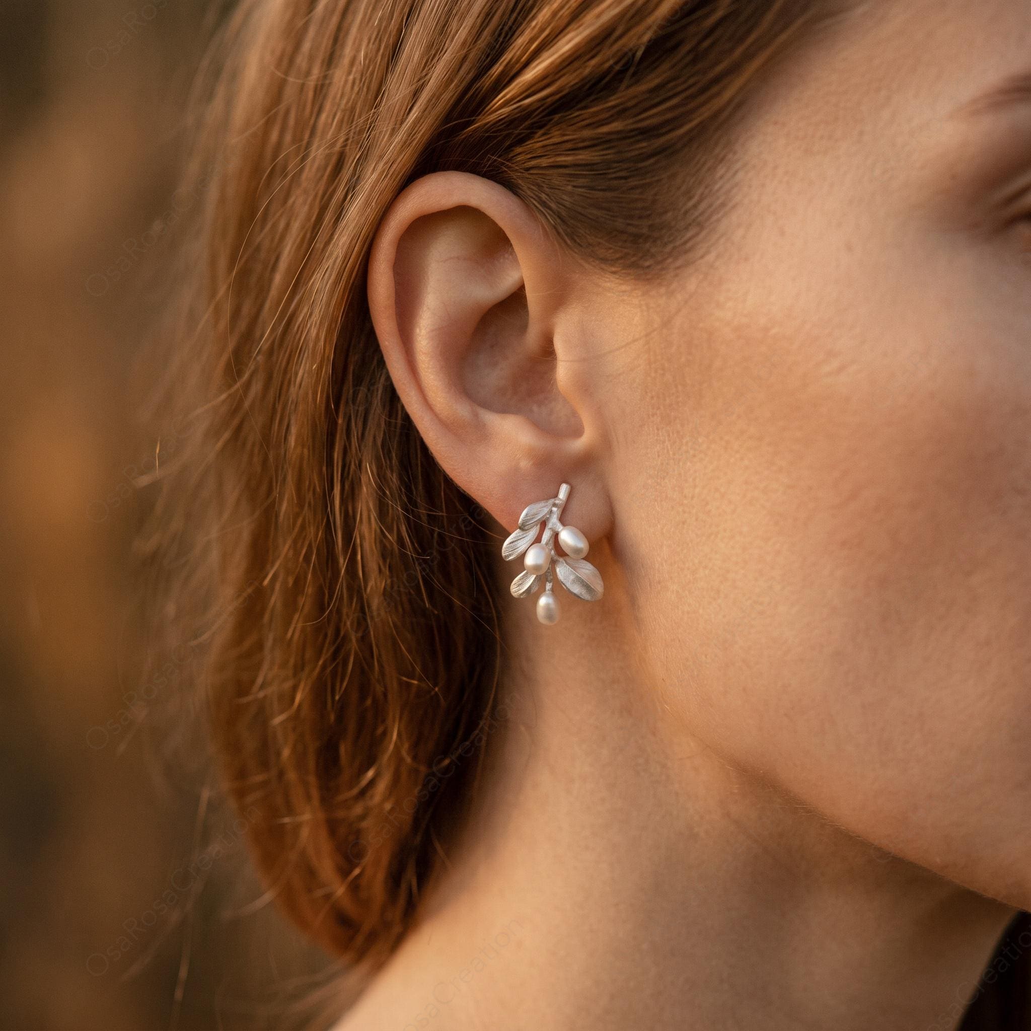 Silver Botanical Branch Earrings with Pearls