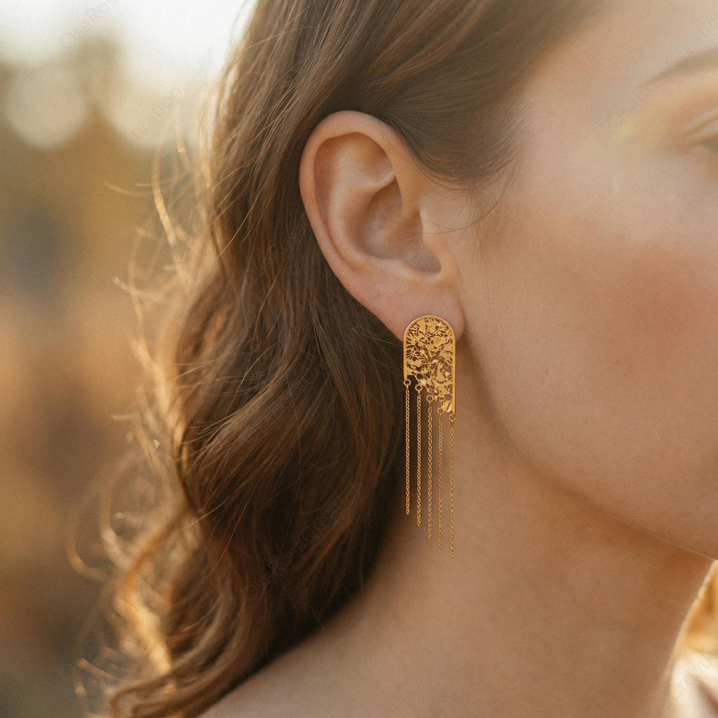 Vintage Gold Floral Arch Dangle Earrings – Botanical Lace Fringe, Romantic Wedding Jewelry (Clip-on)