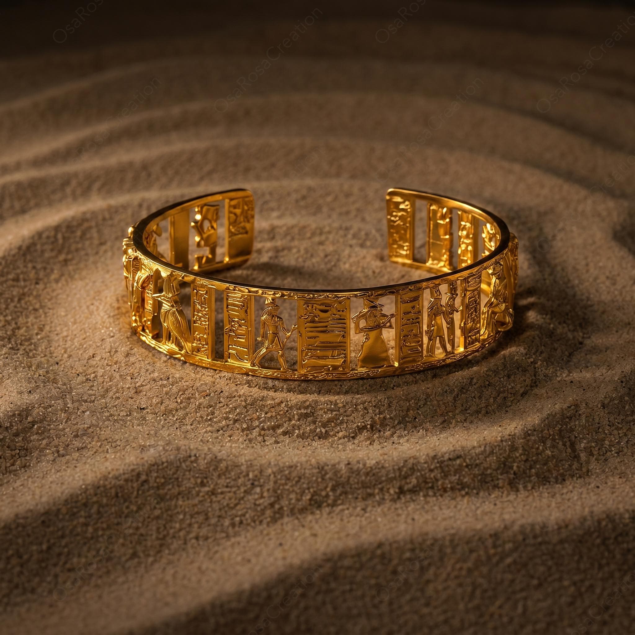 Ancient Egyptian Openwork Cuff Bracelet, Gold Sculptural Bangle, Hieroglyph Art Jewelry