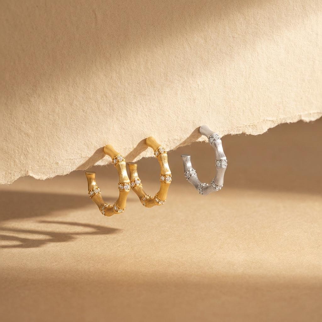 Bamboo Texture Hoop Earrings – 18K Gold Plated, Sterling Silver Post, Minimalist Nature Jewelry