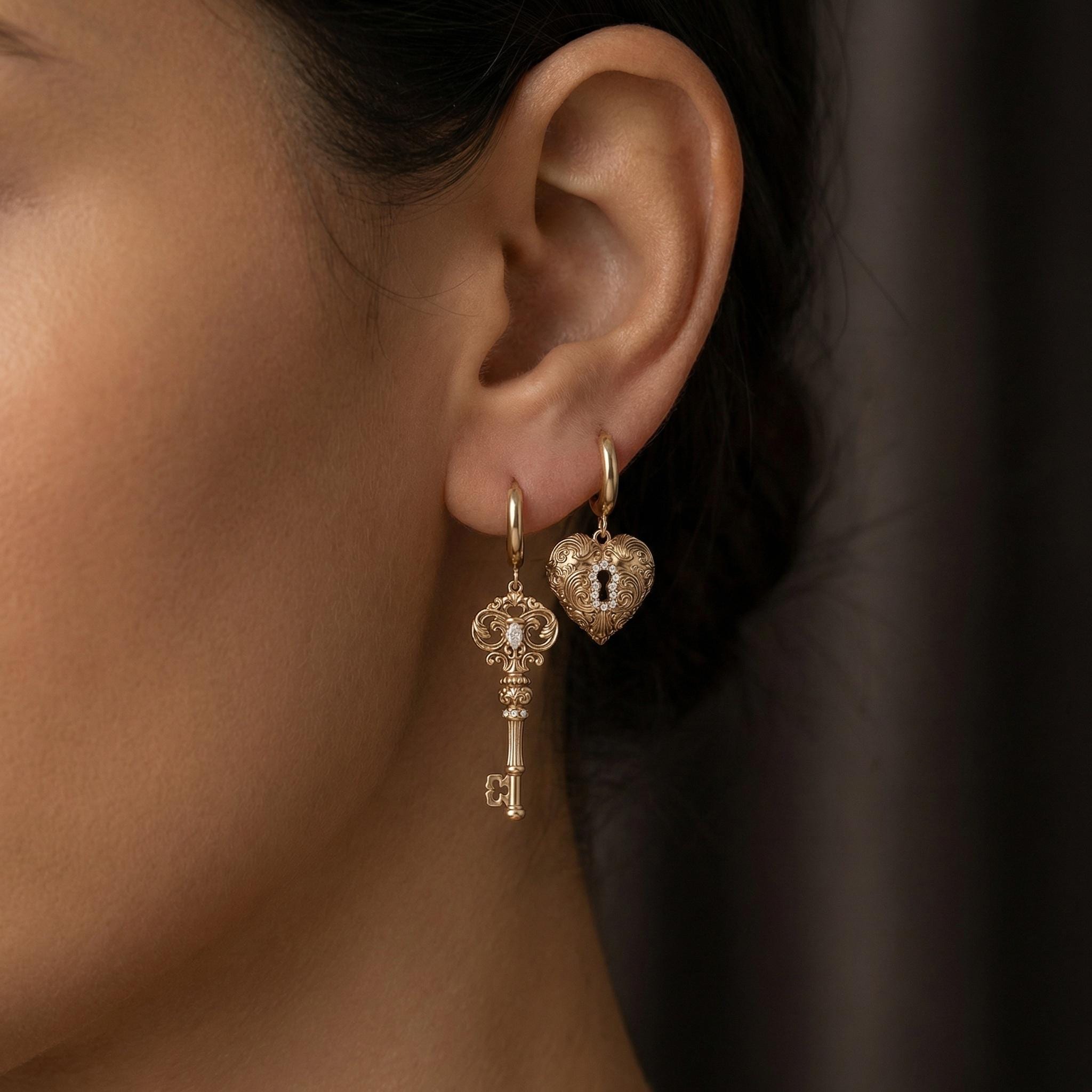 Mismatched Key & Heart Lock Earrings • Baroque Gold Huggies