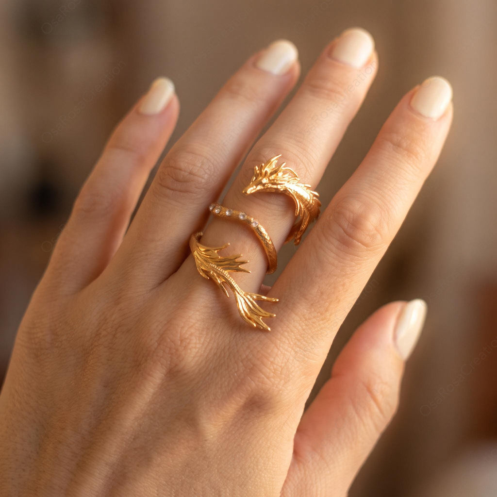 Gold Dragon Ring, Sculptural Wrap Ring, Elegant Mythical Jewelry, Artistic Animal Ring, Delicate Crystal Ring, Quiet Luxury Statement Piece