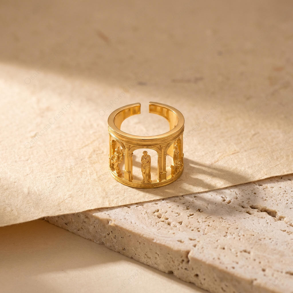 Architectural Gold Ring, Ancient Temple Ring, Classical Column Ring, Sculptural Wide Band Ring, Artistic Statement Ring, Museum Jewelry