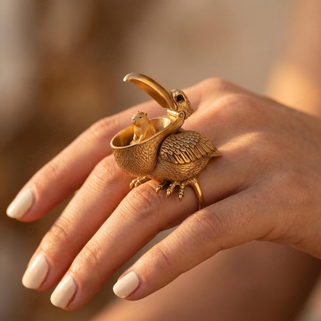 Sculptural Pelican Ring | Mother and Baby Bird Jewelry | Artistic Gold Animal Ring | Nature Inspired Statement Ring | Gift for Her/Him