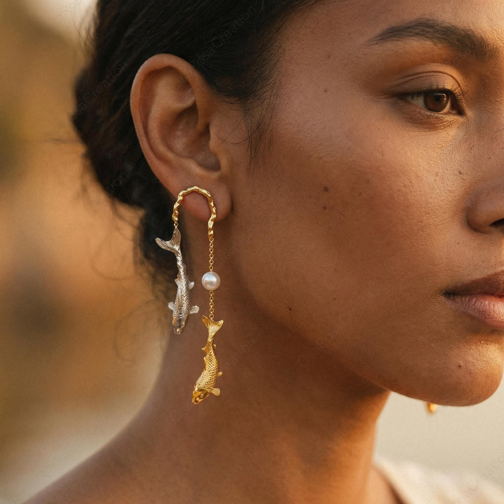 Sculptural Koi Fish Pearl Drop Earrings – Gold-Plated Brass Nature Jewelry