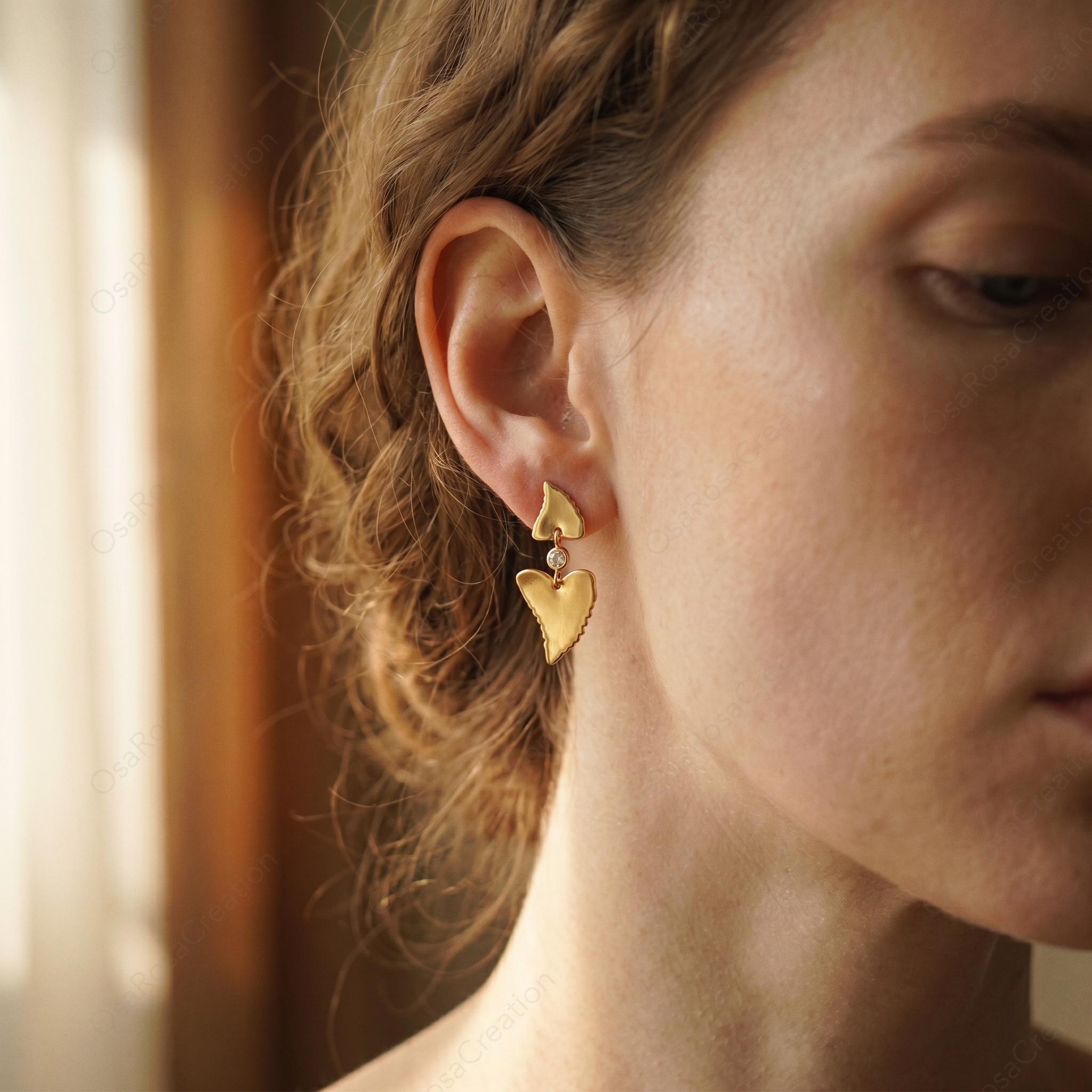Organic Heart Drop Earrings, Textured Gold Dangle Artisan Jewelry