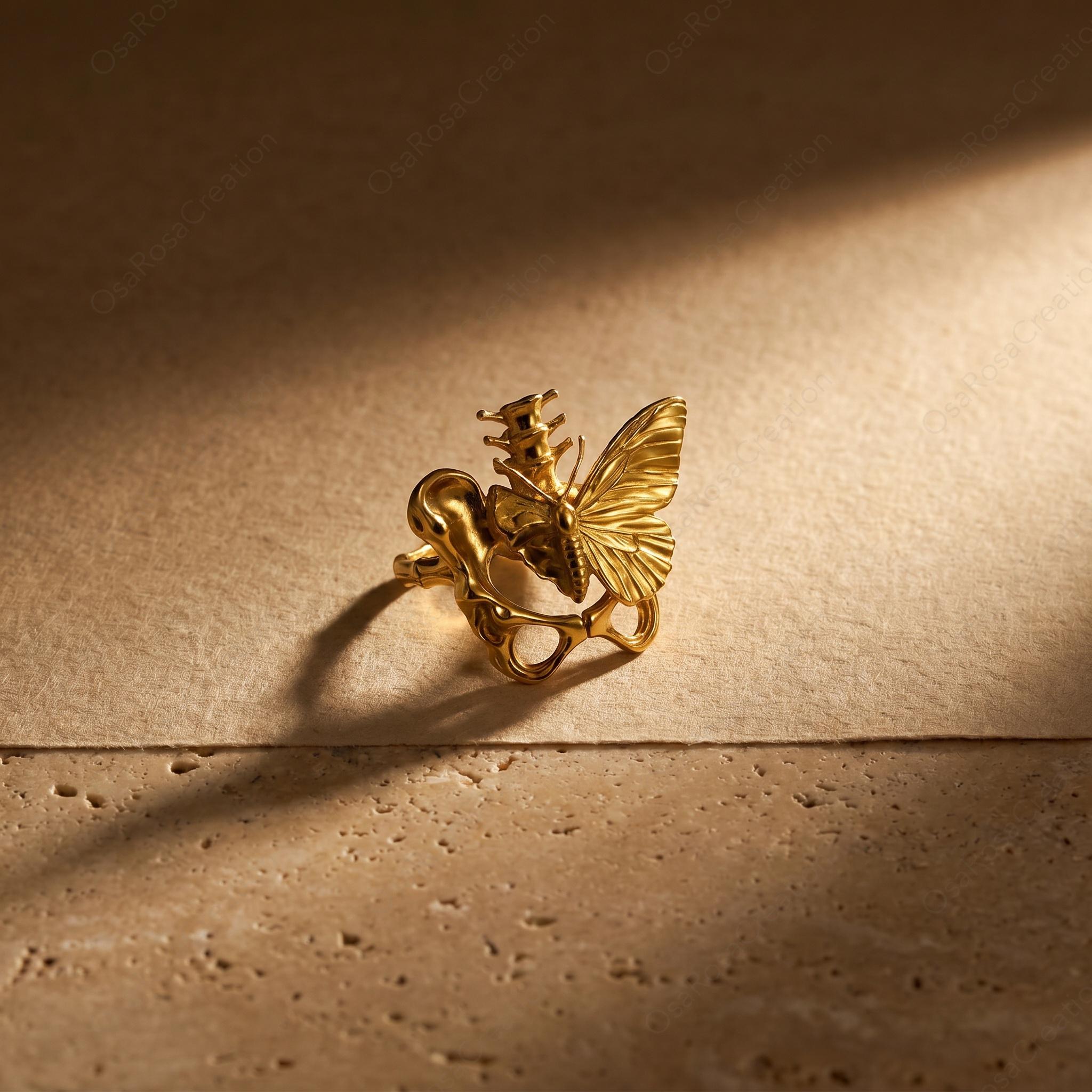 Gold Butterfly Ring, Art Nouveau Insect Jewelry, Botanical Filigree Statement Ring