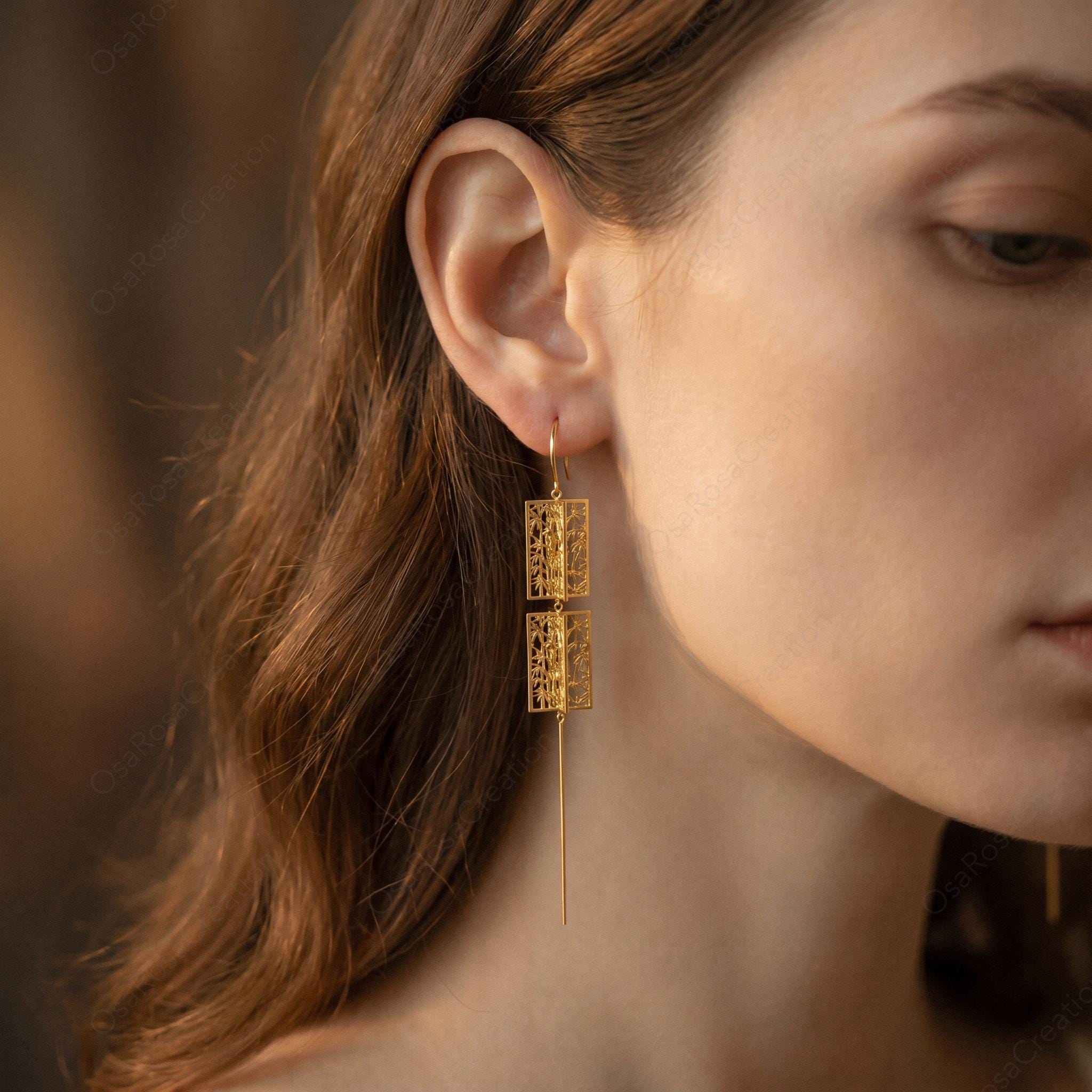 Gold Bamboo Lantern Drop Earrings, Architectural Oriental Botanical Statement Jewelry