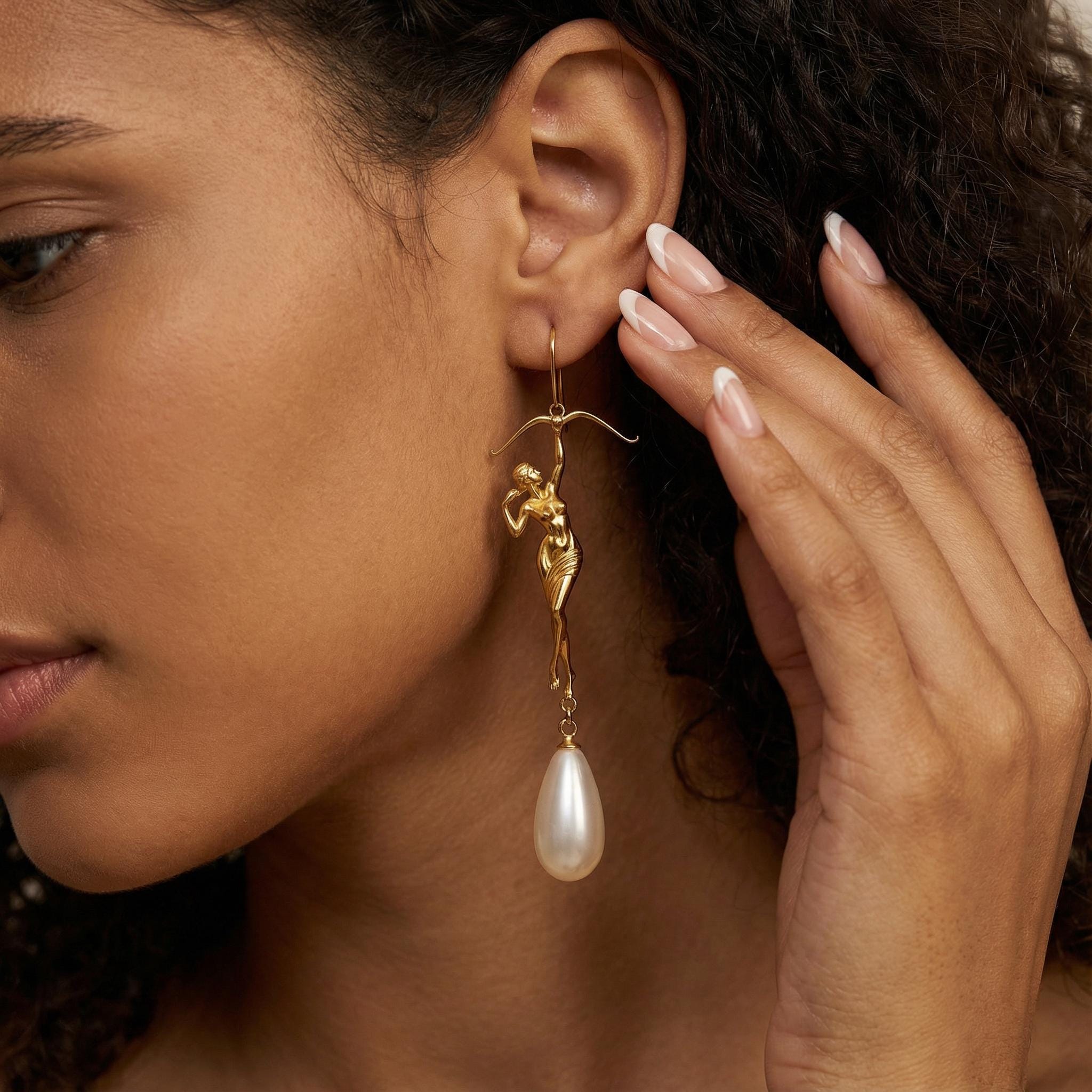 Sagittarius Earrings, Gold Archer Pearl Drop Earrings, Zodiac Statement Earrings, Sculptural Figure Jewelry