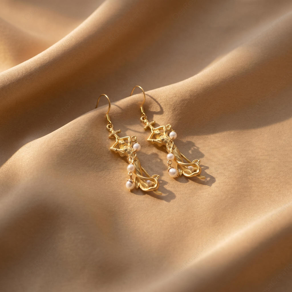 Gold Plated Mermaid Earrings | Siren, Pearl Accents, Hook or Clip