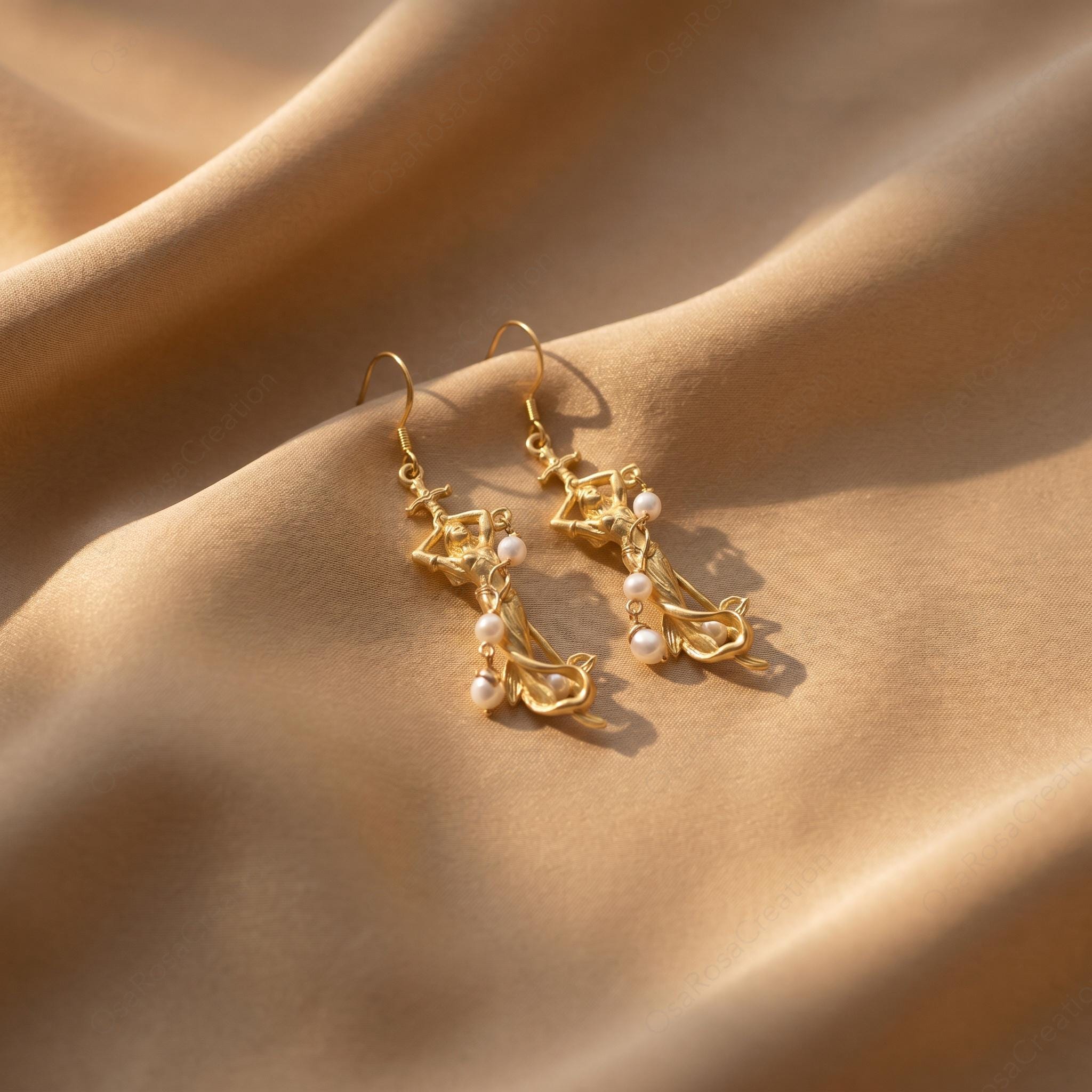 Gold Plated Mermaid Earrings | Siren, Pearl Accents, Hook or Clip