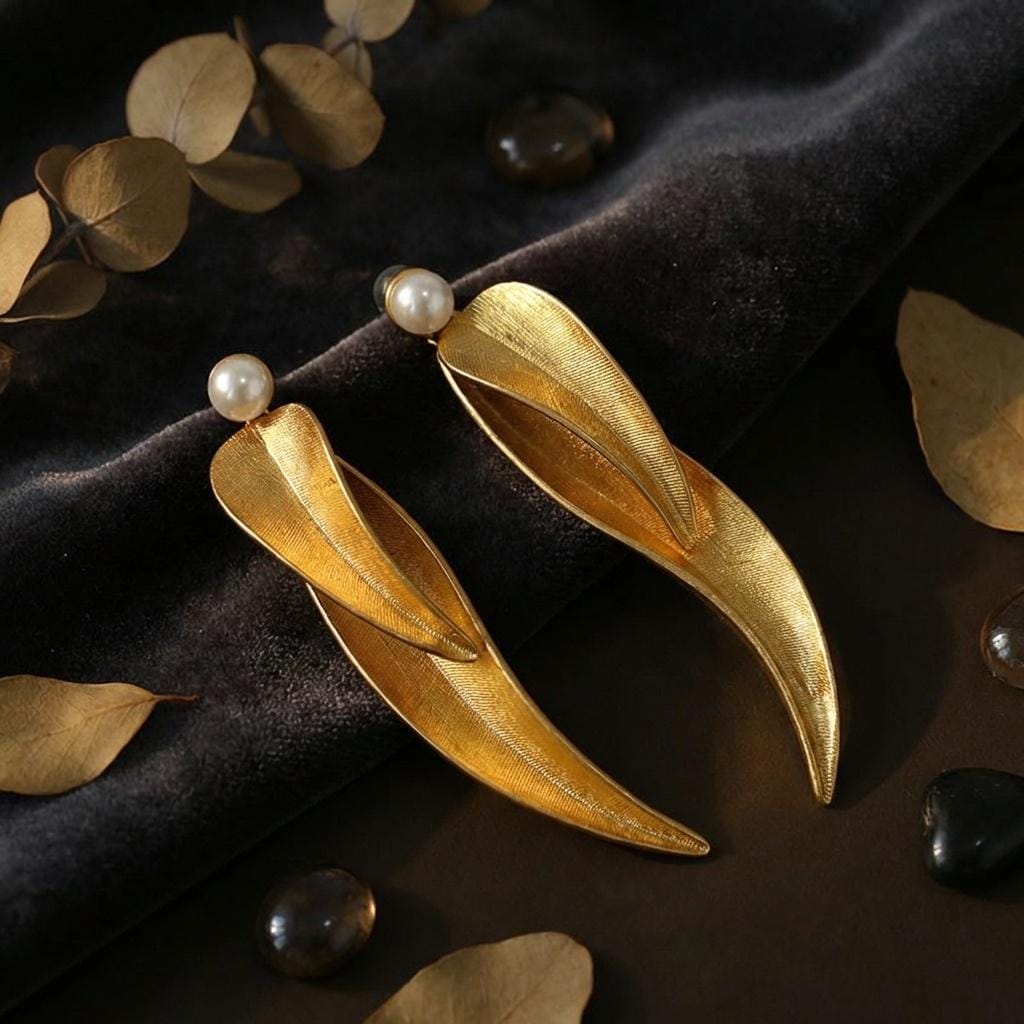 Brushed Gold Leaf Earrings • Pearl Dangle, Botanical Jewelry