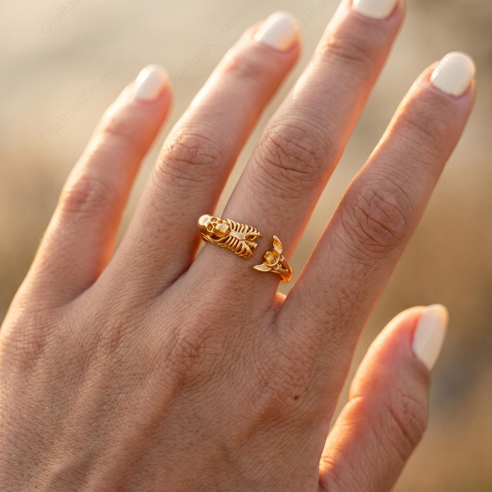 Gold Skull Ring | Adjustable Brass Skeleton Mermaid Tail Statement Jewelry