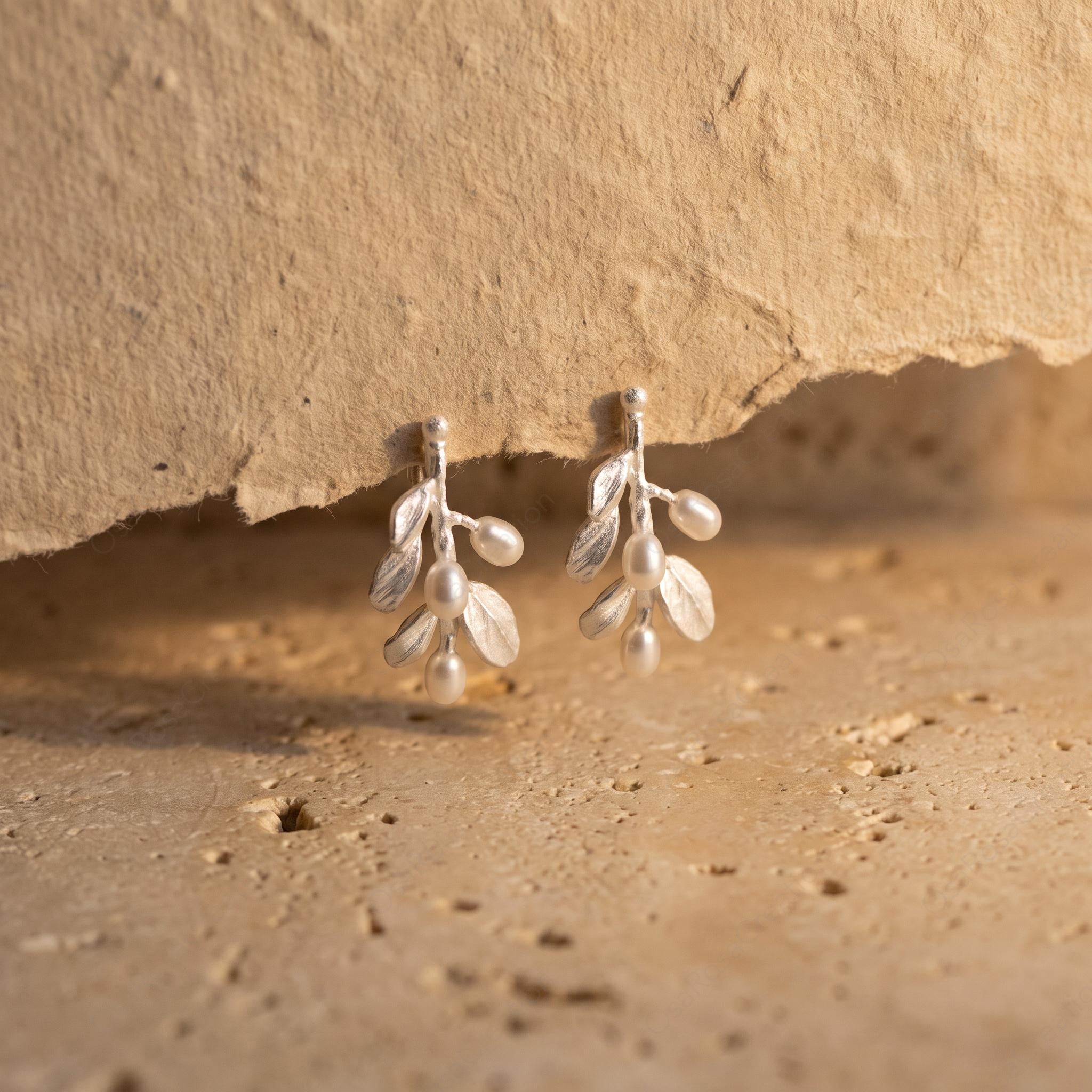 Silver Botanical Branch Earrings with Pearls
