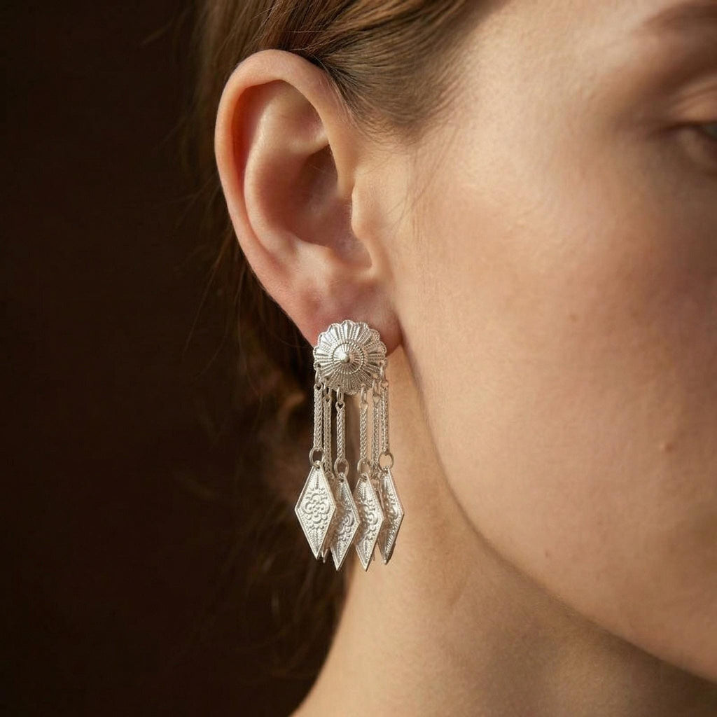 Silver Sunburst Tassel Earrings • Boho Flower Stud, Diamond Drop