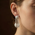 Silver Sunburst Tassel Earrings • Boho Flower Stud, Diamond Drop