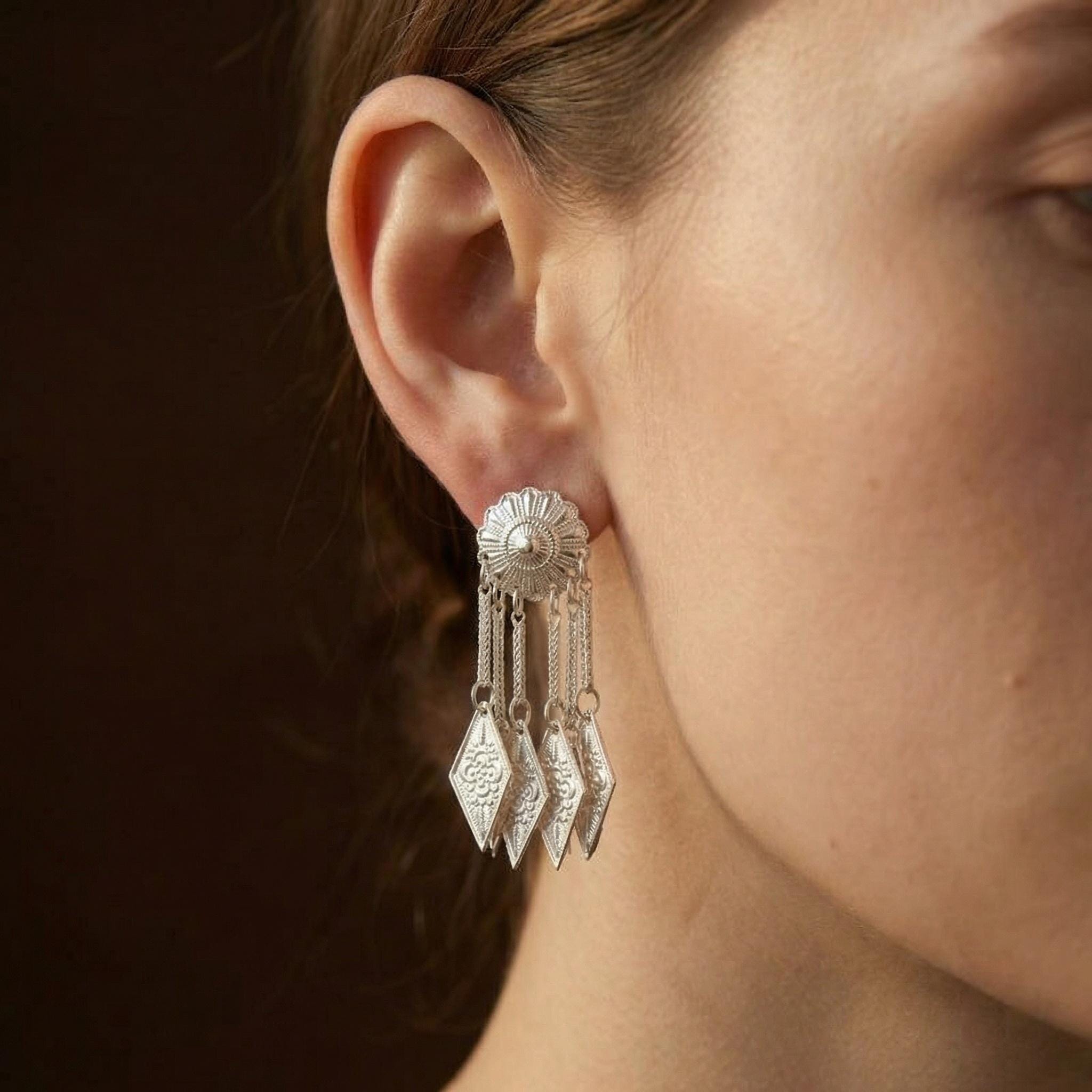 Silver Sunburst Tassel Earrings • Boho Flower Stud, Diamond Drop