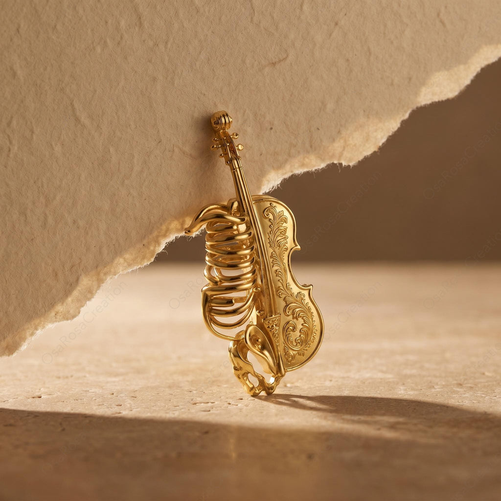 Baroque Violin Rib Cage Brooch | Gold-Tone Artistic Music Jewelry Pin