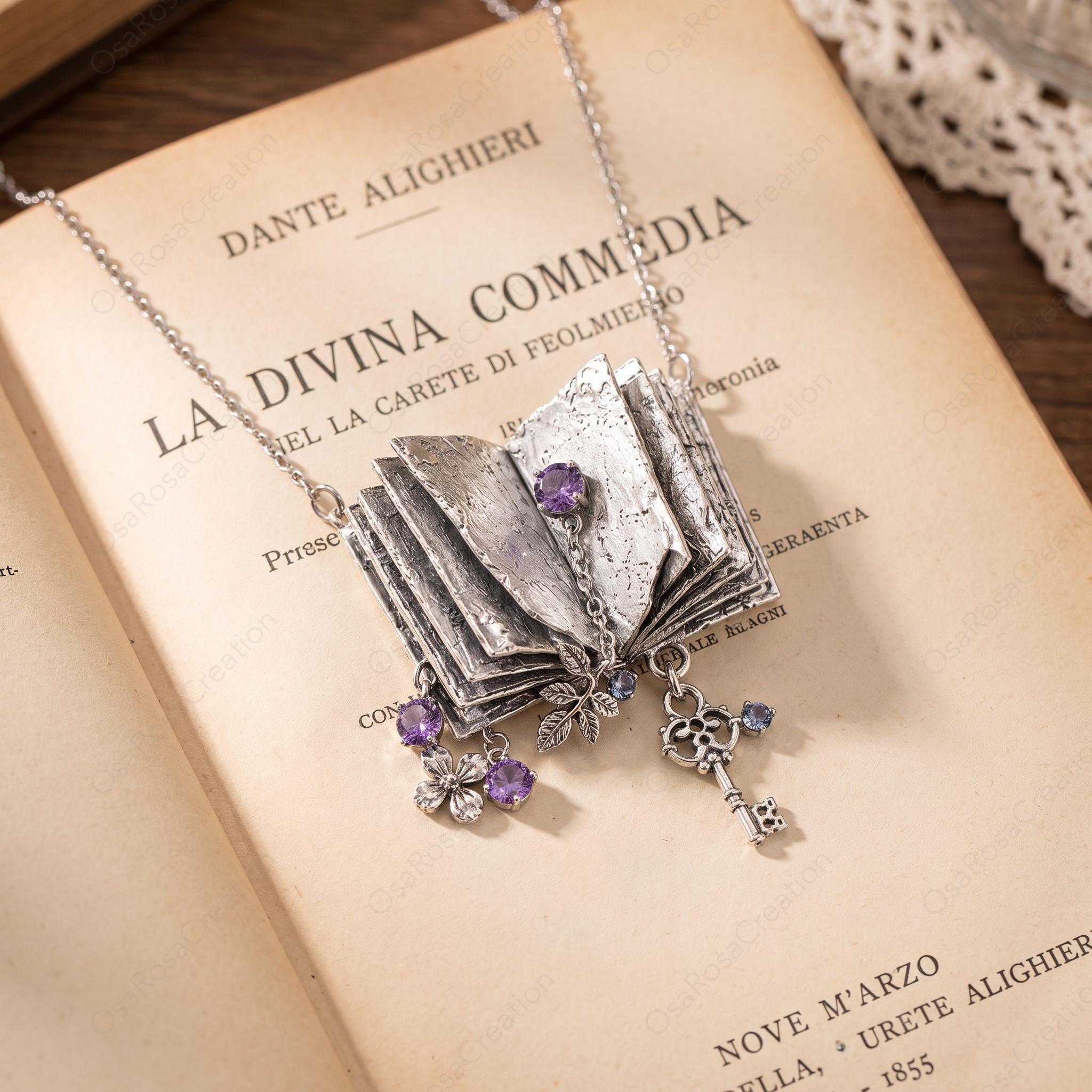 Vintage Book Necklace, Purple Gemstone Floral Key Pendant, Dark Academia Jewelry
